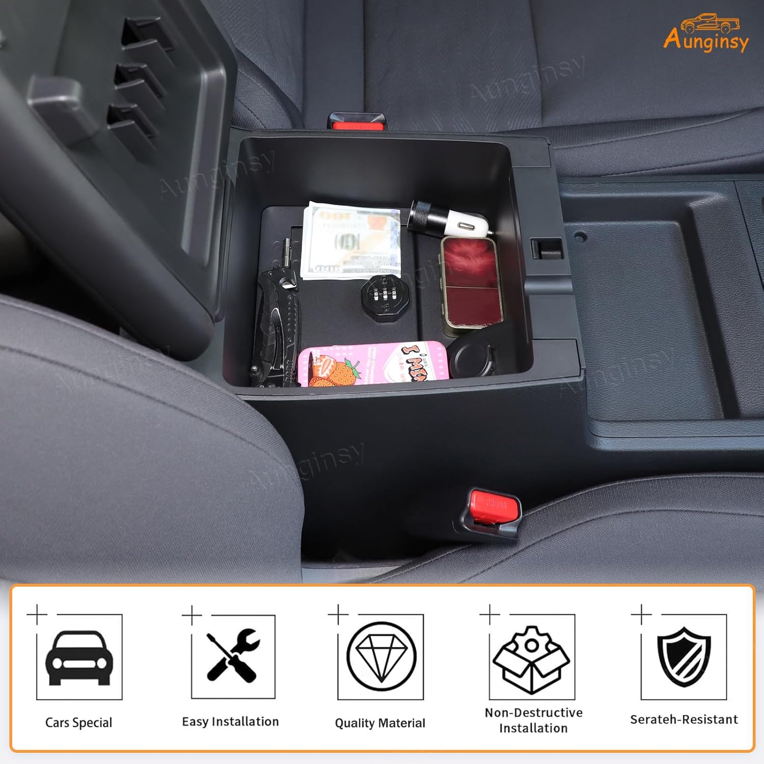 Aunginsy Center Console Lock Safe Vault Armrest Storage Compatible with Nissan Frontier 2022-2025 Center Console Lock Box Armrest Security Organizer Tray with 3 Digit Combo Password Insert Accessories