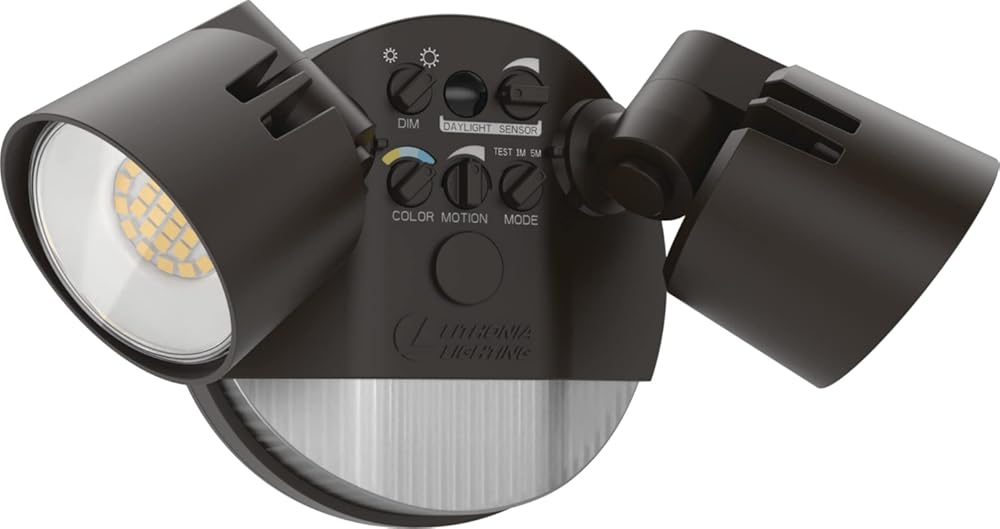 Lithonia Lighting HomeGuard 2-Light LED Outdoor Flood Lights, Motion Sensor Outdoor Lights with Dusk to Dawn, Adjustable Lumens and Color, Round Heads, Dark Bronze (HGX LED 2RH ALO SWW2 120 PIR DDB)
