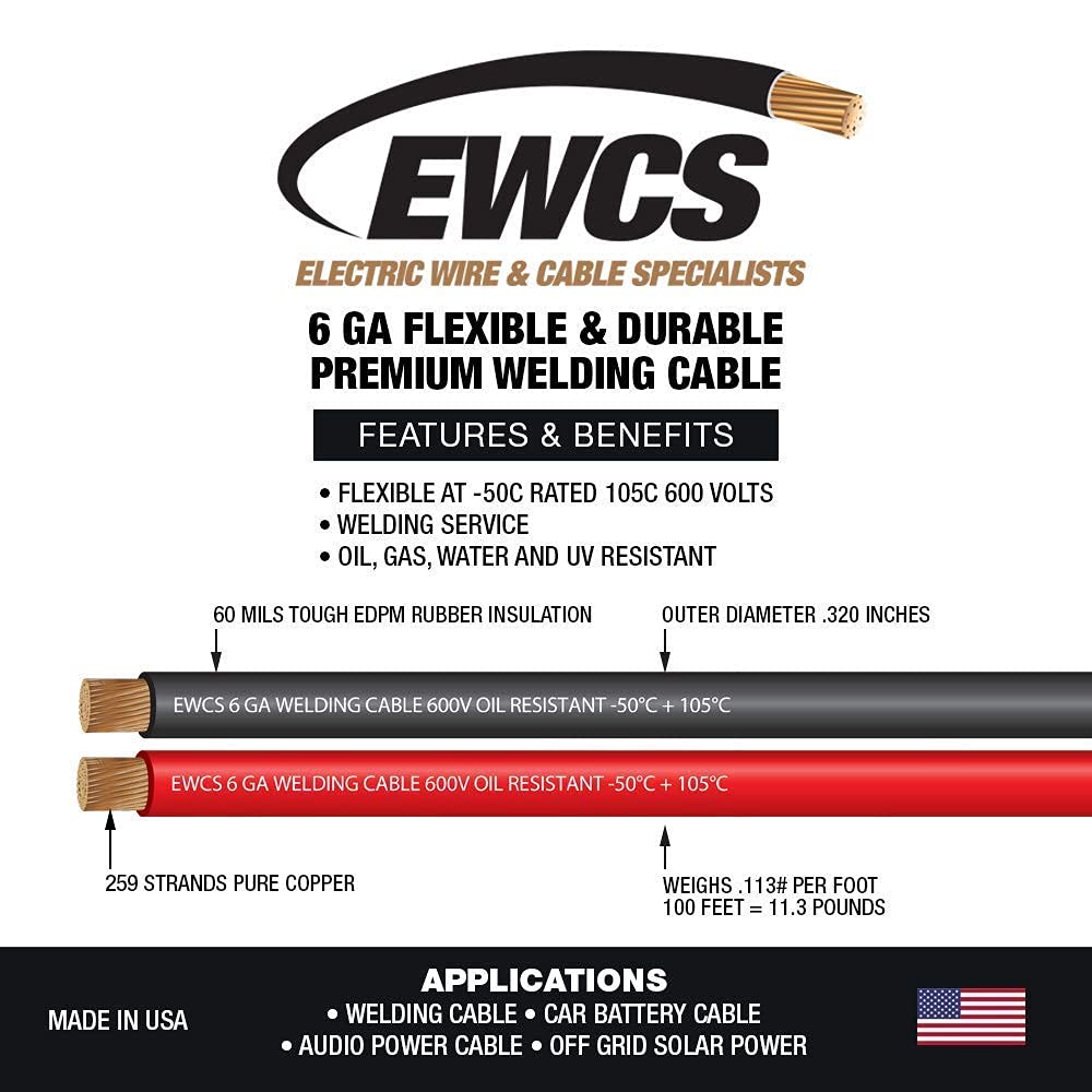EWCS 6 Gauge Premium Extra Flexible Welding Cable 600 Volt - Combo Pack - 10 Feet Each Black+Red - Made in The USA