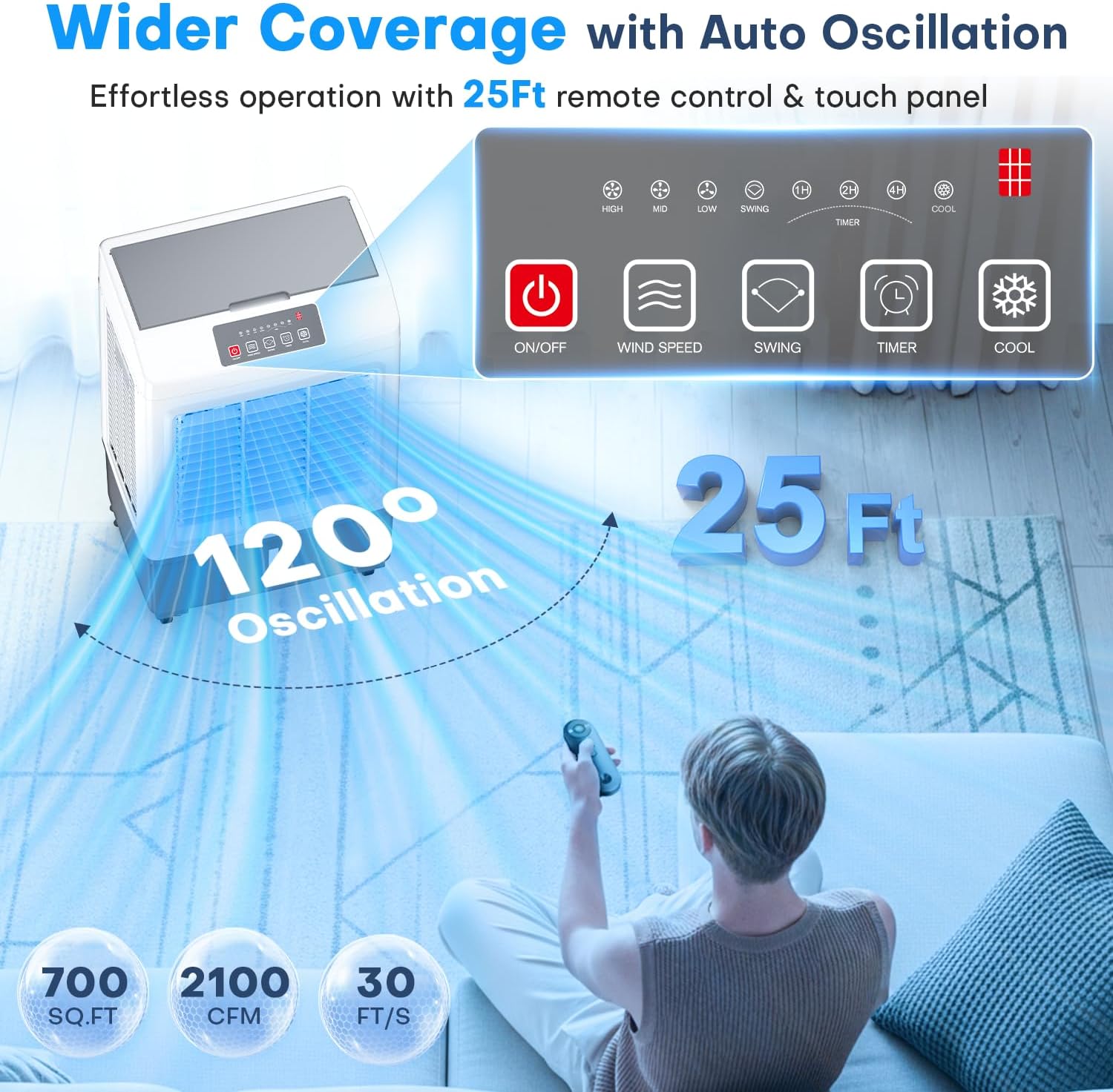 FANCOLE Evaporative Air Cooler, 2100CFM Windowless Air Conditioner Cooling up to 700 Sq.ft, Swamp Cooler Air Conditioner w/2 Modes & 3 Speeds, 7H Timer & Remote, Portable for Room Garage Patio