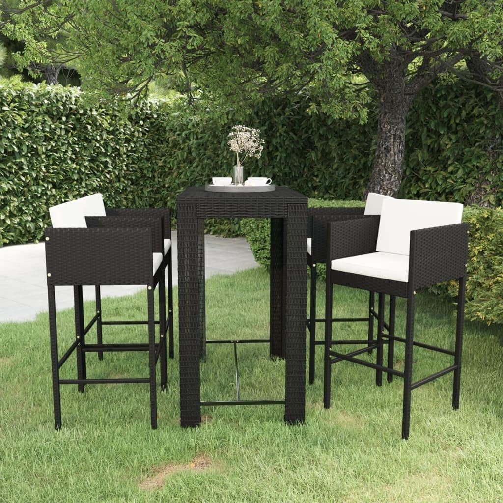 5 Piece Patio Bar Set with Cushions Poly Rattan Black,Stylish Outdoor Bar Set: WeatherResistant & Comfortable for Home and Garden Furniture Sets for Patio, Lawn & Garden
