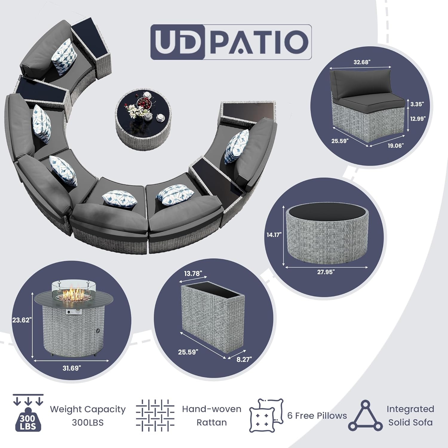 UDPATIO Patio Furniture Set with Fire Pit Table,Fully Assembled Outdoor Sectional Sofa,Half-Moon Curved Modular 11 Pieces Heavy Duty Wicker Furniture Set with Coffee Table,Cover for Porch,Grey