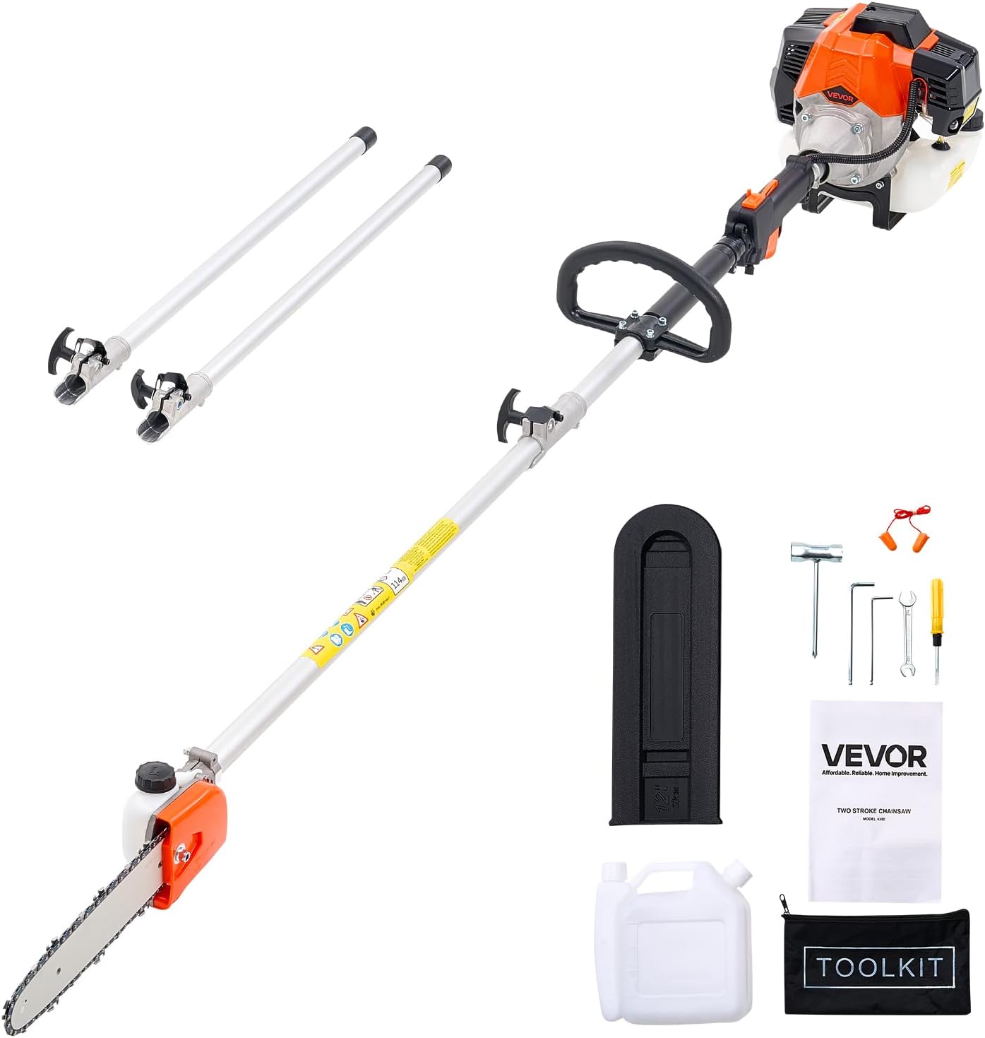 VEVOR Gas Pole Saw, 43CC 2 Stroke Gas Powered Pole Saws with 10 in Cutting Bar, Cordless Tree Trimmer with 30 fl.oz Fuel Tank, 6.8 to 11.7 ft Extendable, Powerful Chainsaw for Tree Trimming Pruning