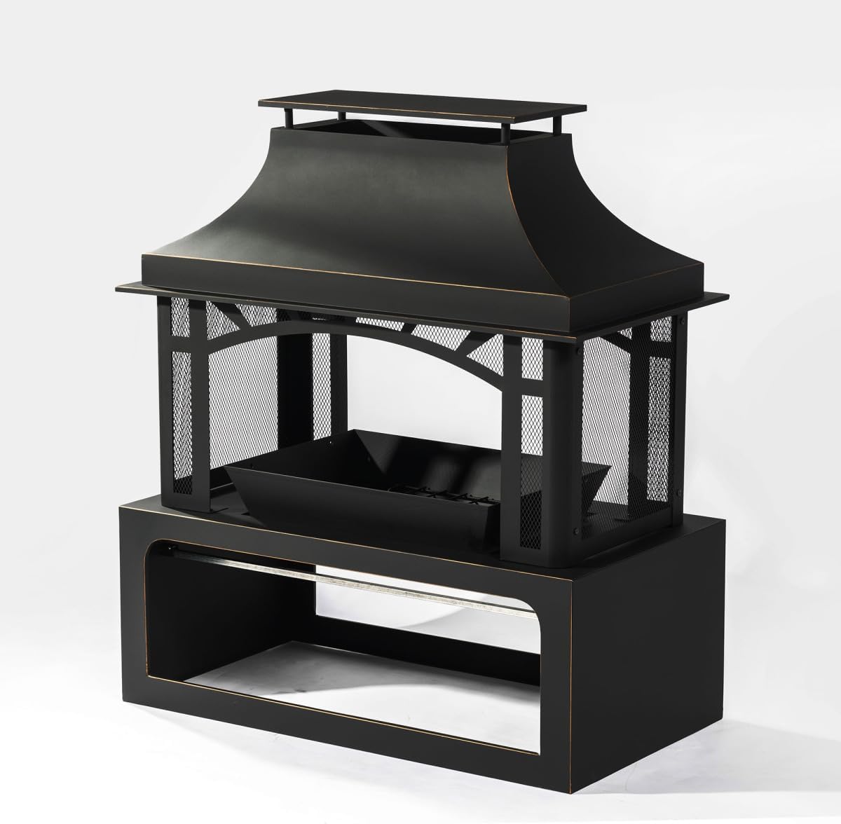 40-inch Wood Burning Fireplace with Chimney, 50,000 BTU Outdoor Steel Fire Pit with Spark Screen & Wood Storage for Patio, Garden, Backyard - Matte Black