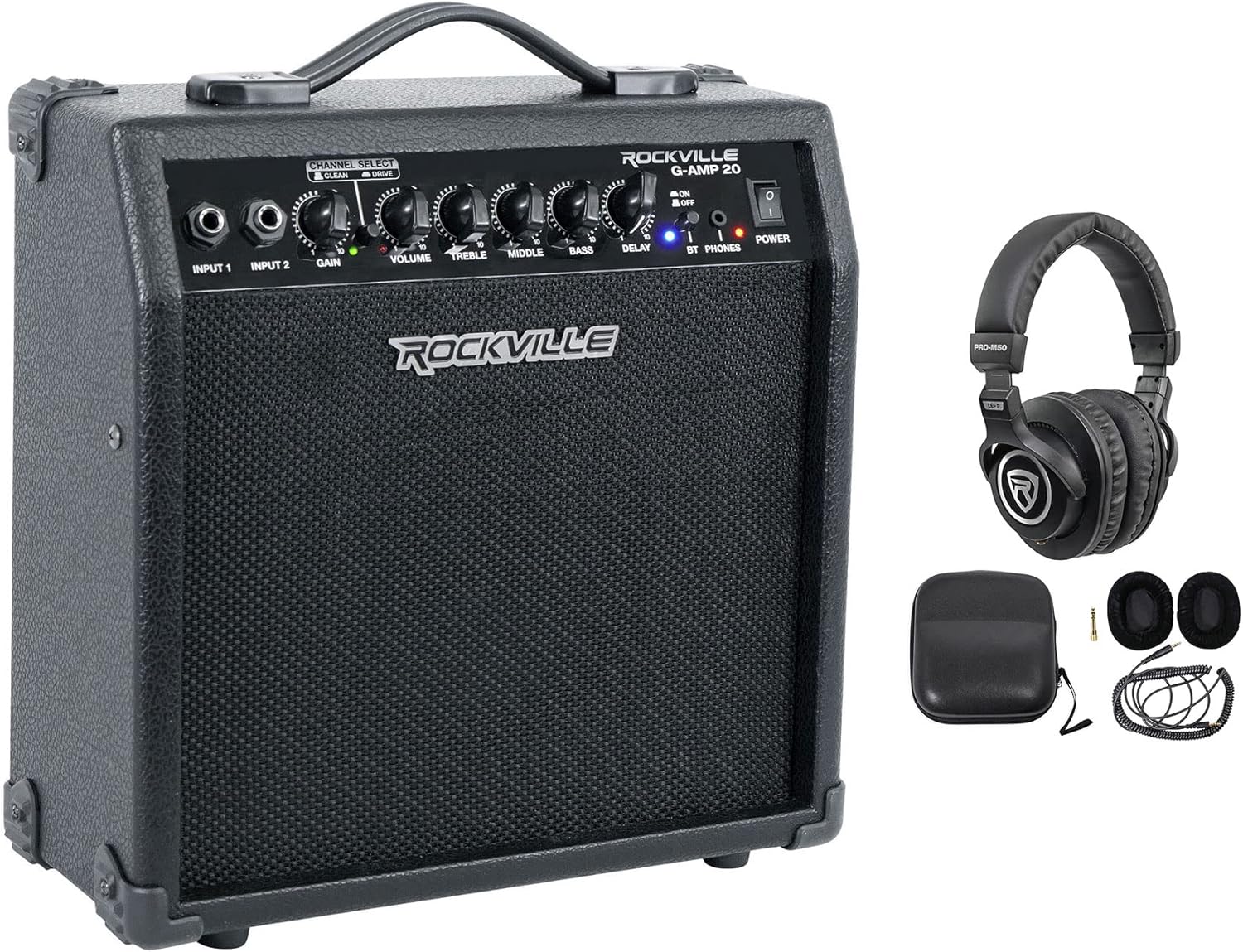 Rockville G-AMP 20 Bundle: 20 Watt Dual Input Guitar Amplifier Combo with Bluetooth and Delay, PRO-M50 Studio Headphones with Case and Extra Ear Pads, 2-Items