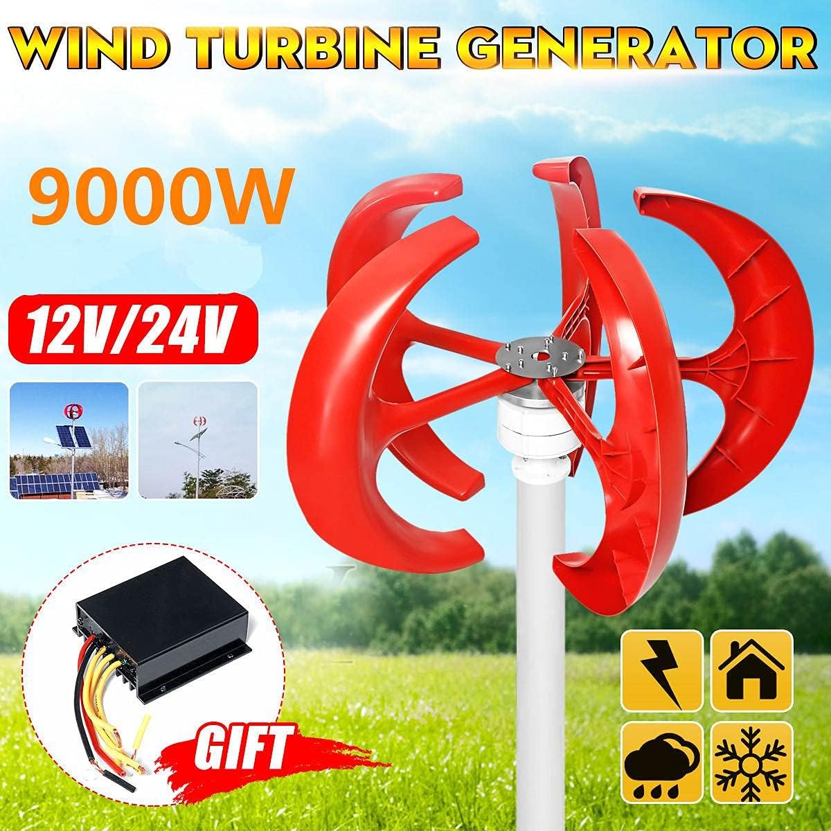 HLIGHT 9000W Wind Turbines Generator Vertical Axi Lantern 12V 24V 5 Blades Motor Kit Speed Start for Home Farm Hybrids Streetlight,12v