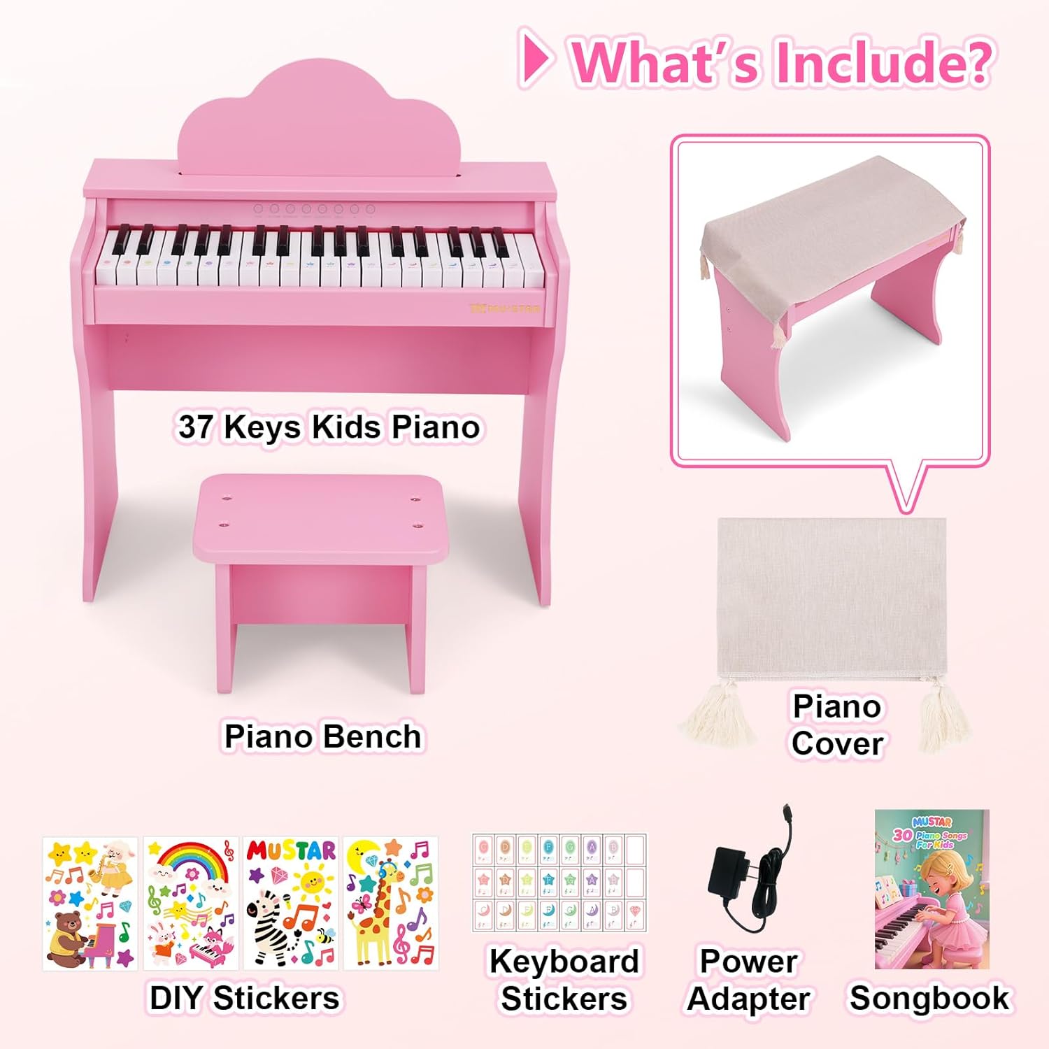 37 Keys Kids Keyboard Piano, Kids Piano Wooden Toy With Stool, DIY Stickers, Song Book, Cover, Education Musical Instruments for Girls&Boys Ages 3+