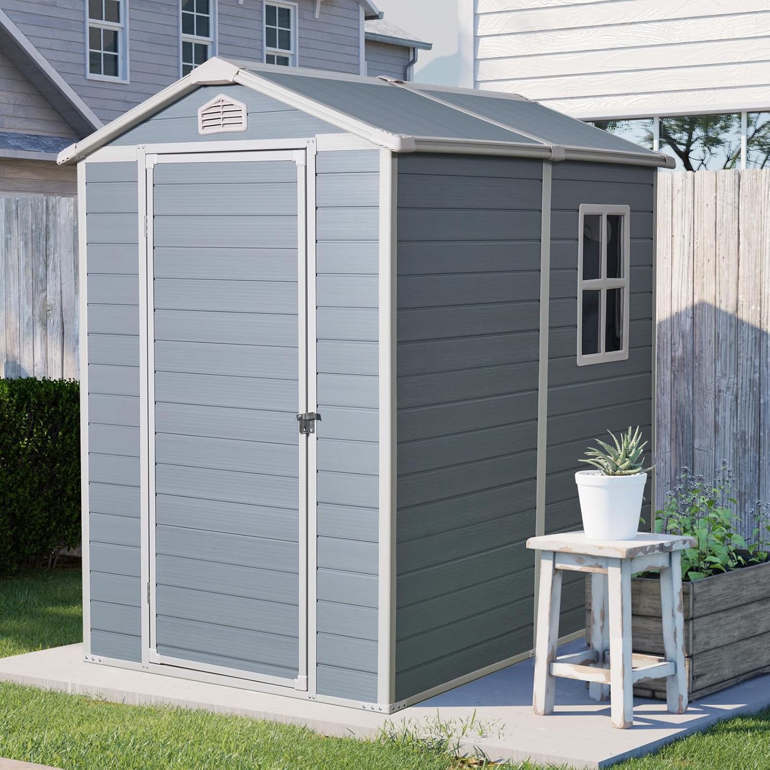 【LuckyNote】 4x6ft Resin Outdoor Storage Shed Kit-Perfect to Store Patio Furniture Gray，The Package Will be Shipped in Two Separate parcels