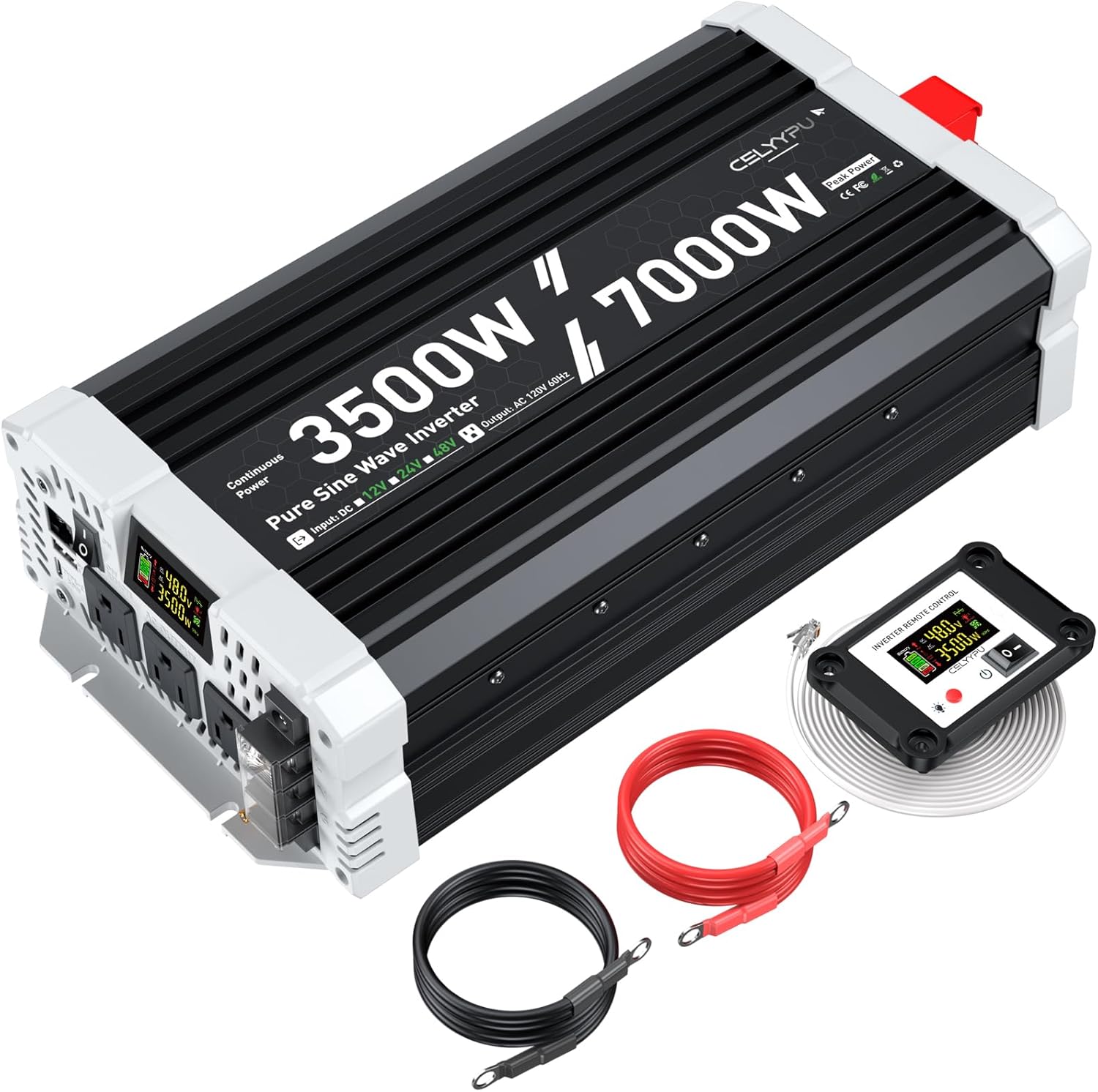 3500 watt Pure sine Wave Inverter, 48V DC to 110V AC Power Inverter, with 3 AC Output sockets, USB Port, Type-C Port, Remote Control with LCD Screen, Used for Solar Emergency Power Supply in RV Homes