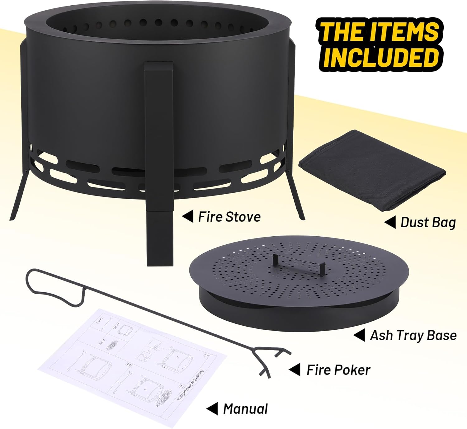 26-Inch Portable Smokeless Fire Pit with Fire Poker, Lightweight Outdoor Bonfire Stove, Durable Carbon Steel Firepit, Ideal for Camping, Picnics, and Family Gatherings