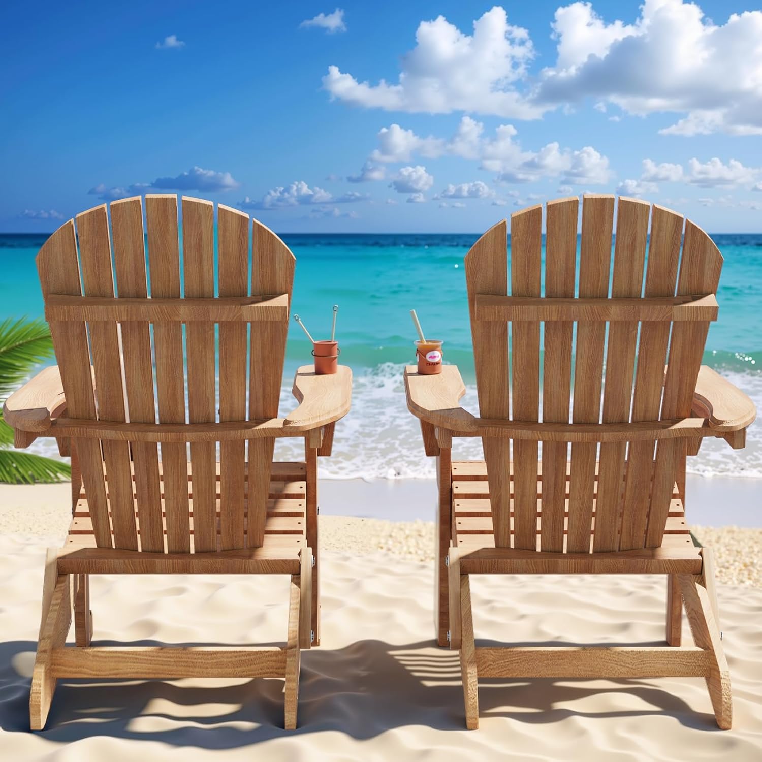 Adirondack Chairs Set of 2, Folding Wooden Adirondack Chair, Fire Pit Chairs, Outdoor Lounge Furniture for Yard, Garden, Patio (Natural)