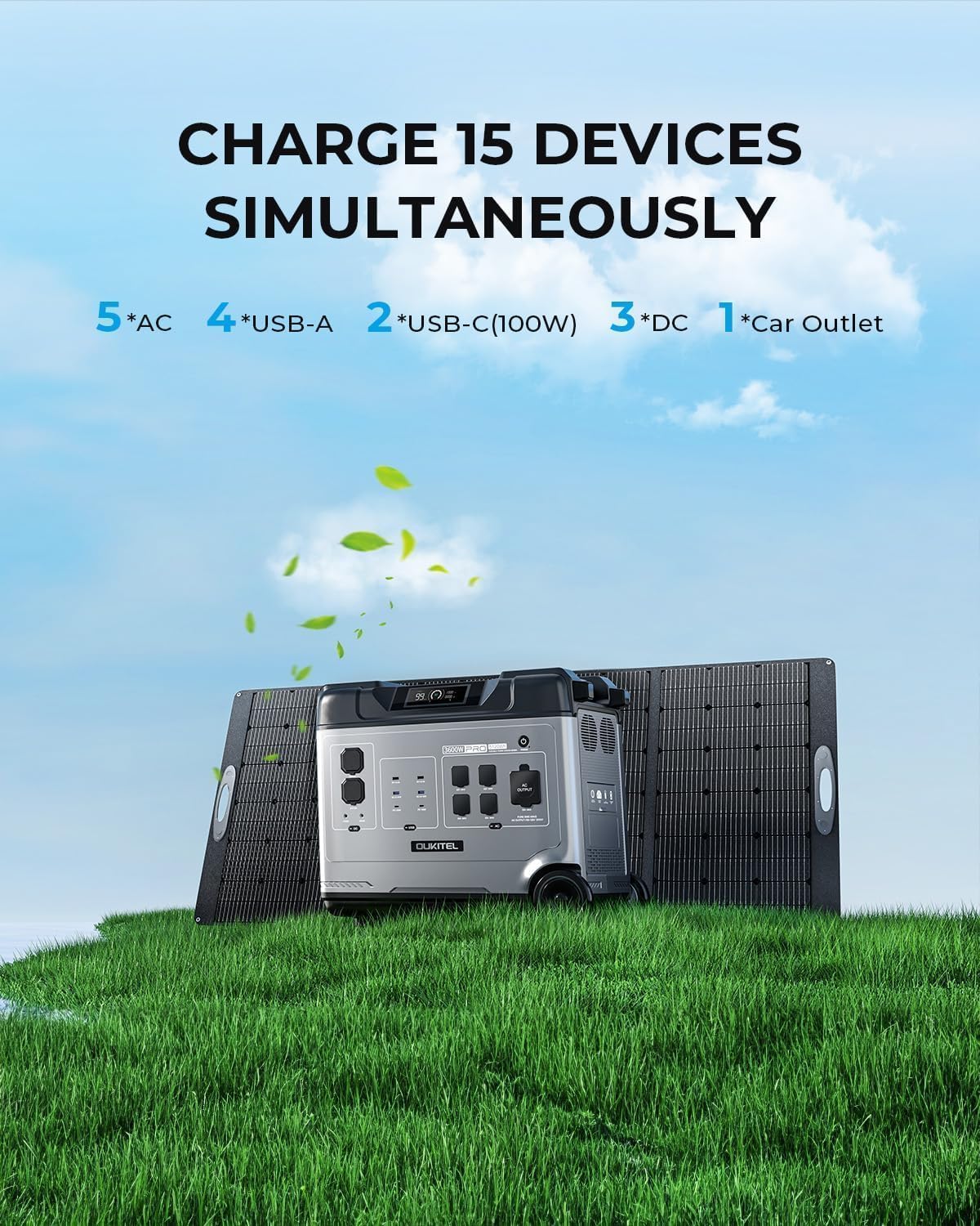 OUKITEL P5000 Pro 3600W Solar Generator with 2x400W Panel, 5120Wh Solar power station with 5 AC Outlets (5000W Peak), 1800W Fast Charging, Emergency Battery Backup for Home, Camping & RVs