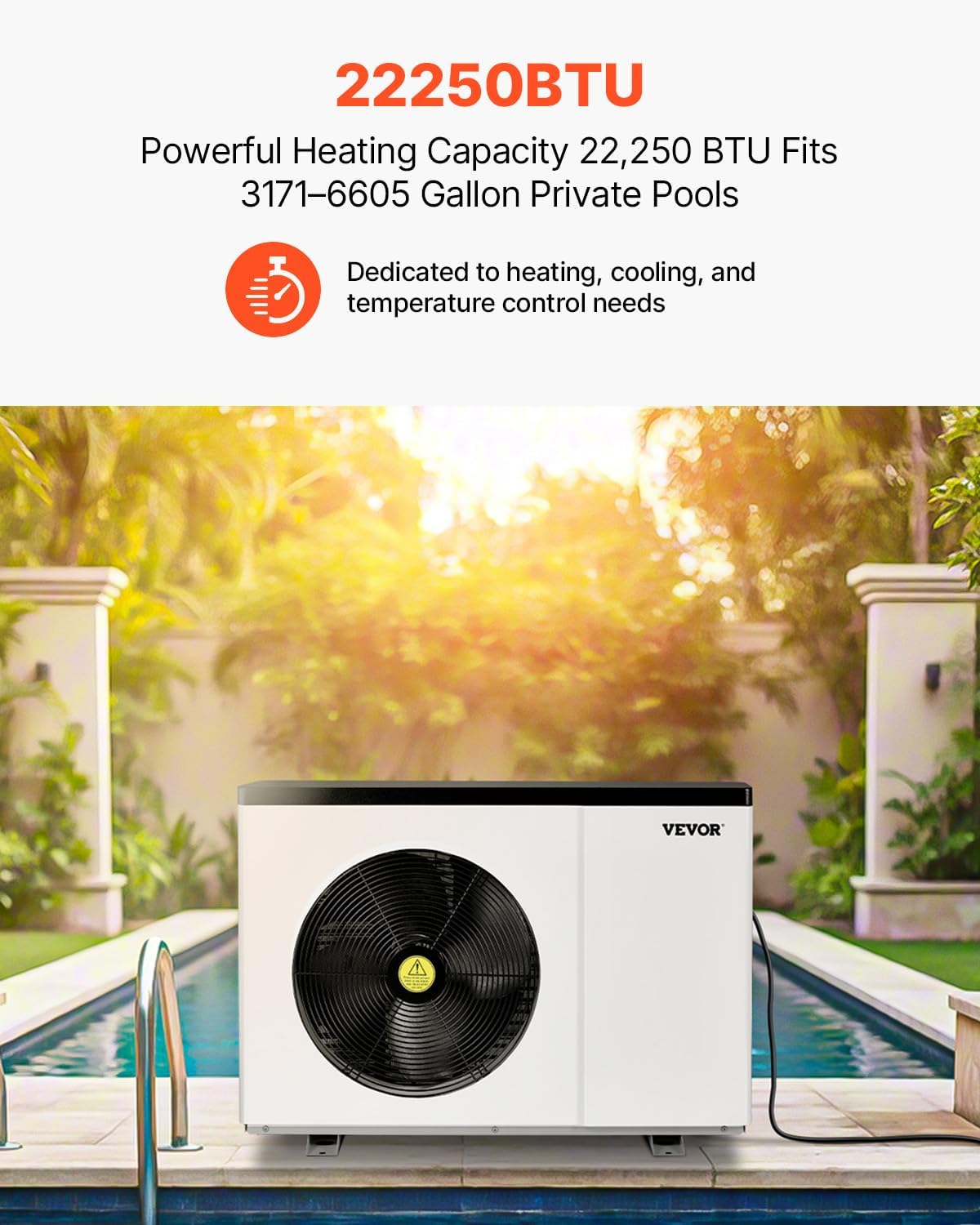 VEVOR Pool Heat Pump, 22250 BTU Electric Heater for Above Ground and In Ground Pools up to 3,171-6,605 Gallons, Energy Efficient Heating and Cooling, Low Noise, 120V/60Hz