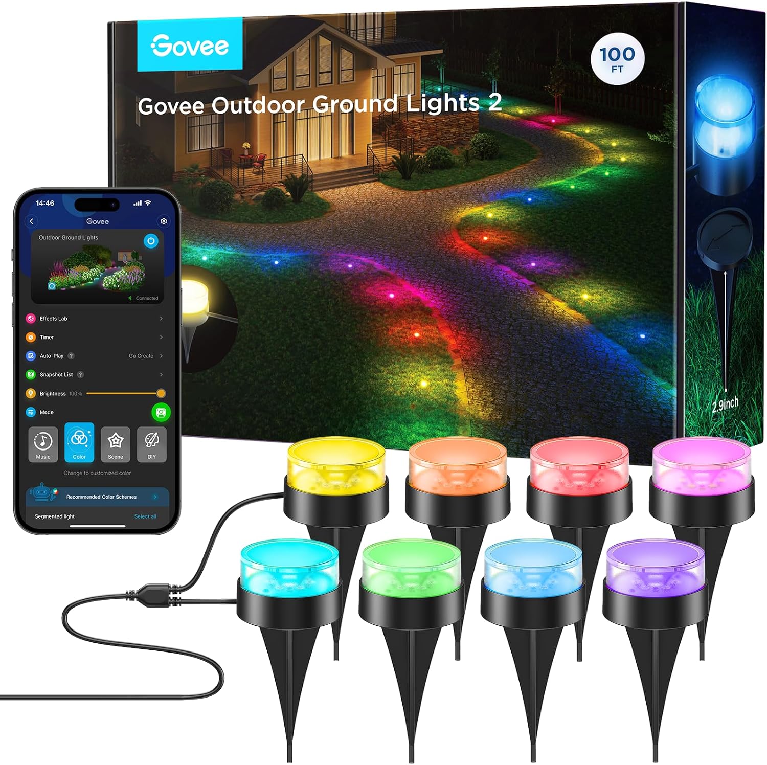 Govee Outdoor Ground Lights 2, 100ft for Patio Decorations, 30 Pack RGBIC Pathway with 100LM Warm White, IP67 Waterproof for Garden, Splitter Connector, Works with Alexa, Google Assistant