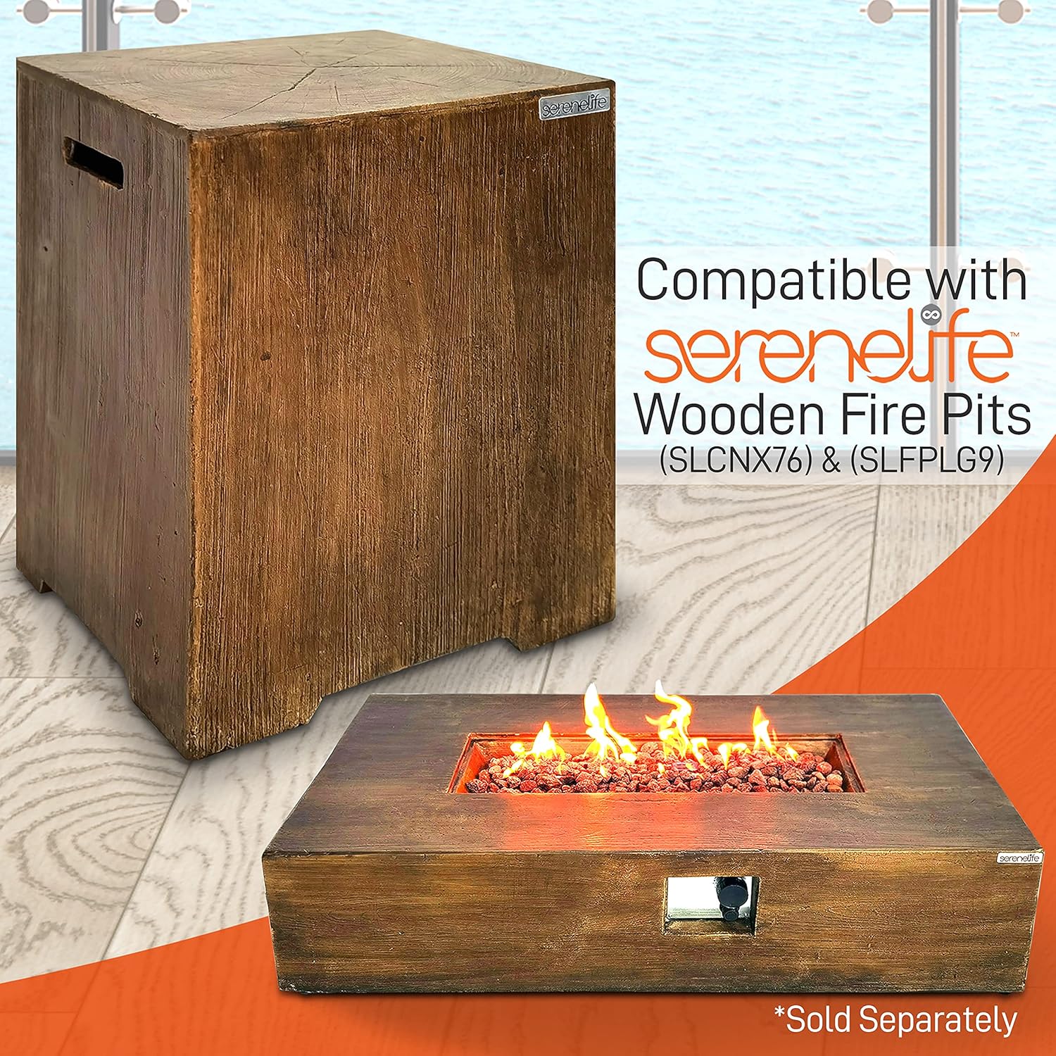 Outdoor Propane Gas Tank Holder - Wood-Grain Propane Tank Holder - Holds 20 Lbs. Clean Burning Propane Gas Tank - Works with SLCNX76 and SLFPLG9 Outdoor Propane Fire Pit Table - SereneLife SLGASCV