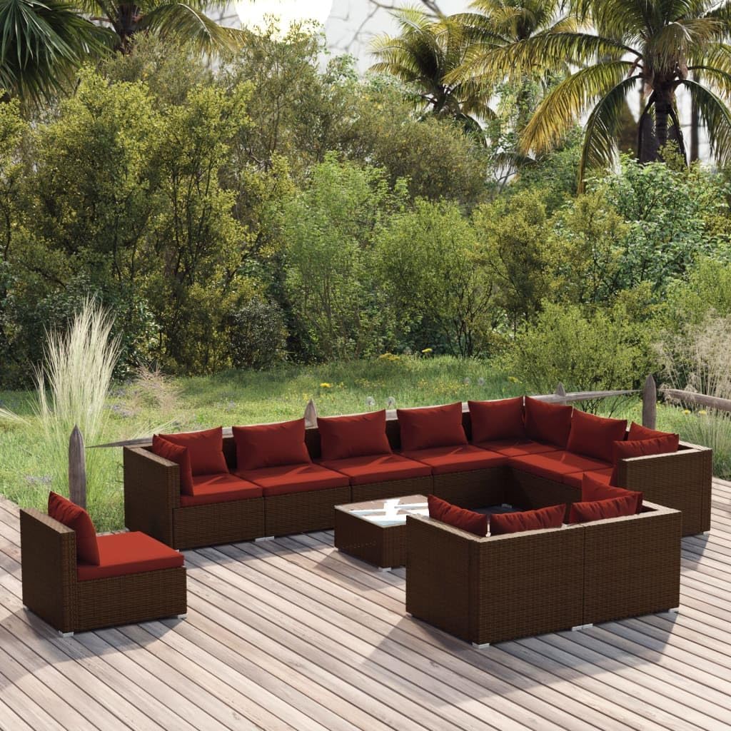 11 Piece Patio Lounge Set with Cushions Poly Rattan Brown,Cozy and Durable Patio Lounge Set: for Relaxation and Gatherings Patio Furniture Sets, Outdoor Furniture Sets