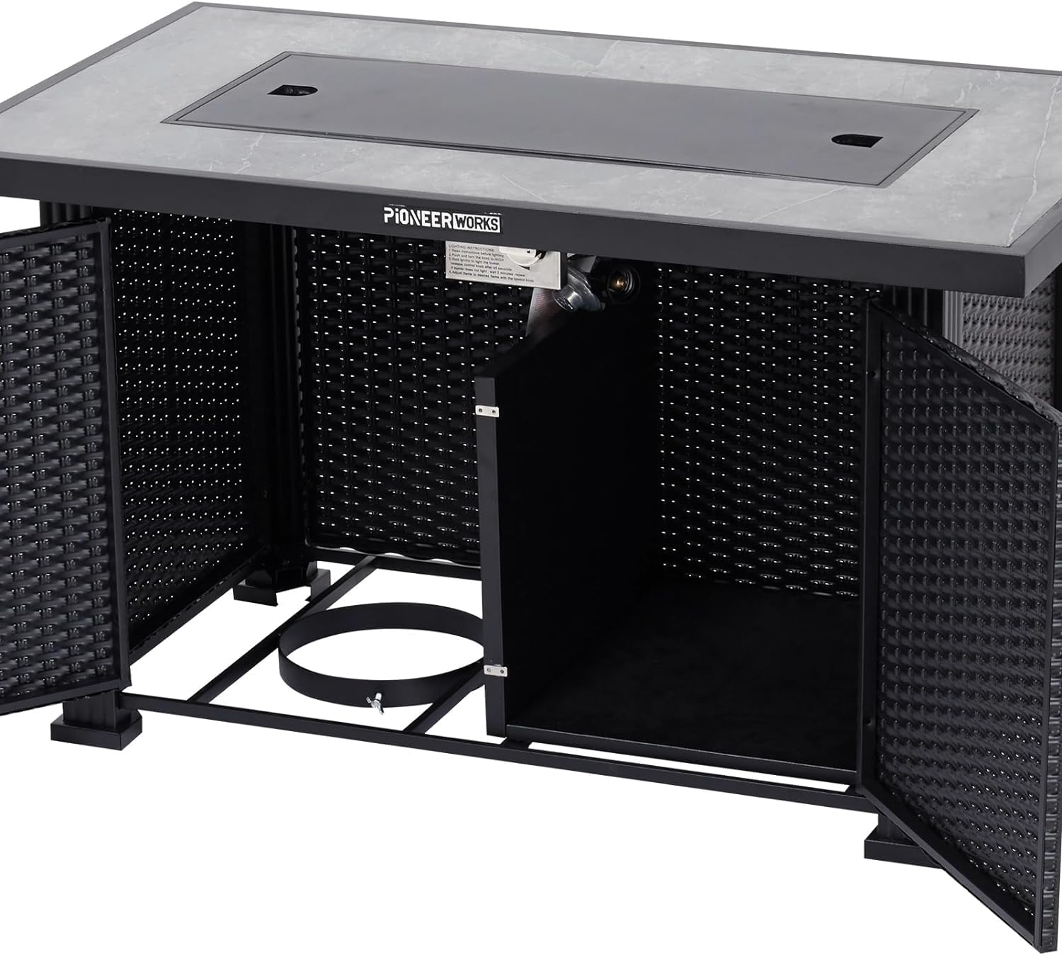 44 Inch Propane Fire Pit Table, PioneerWorks 50000BTU Rectangle Fire Table with Cover & Rain Cover, Sturdy Steel and Iron Fence Surface, CSA Safety Certified, Companion for Your Garden (Double Door)