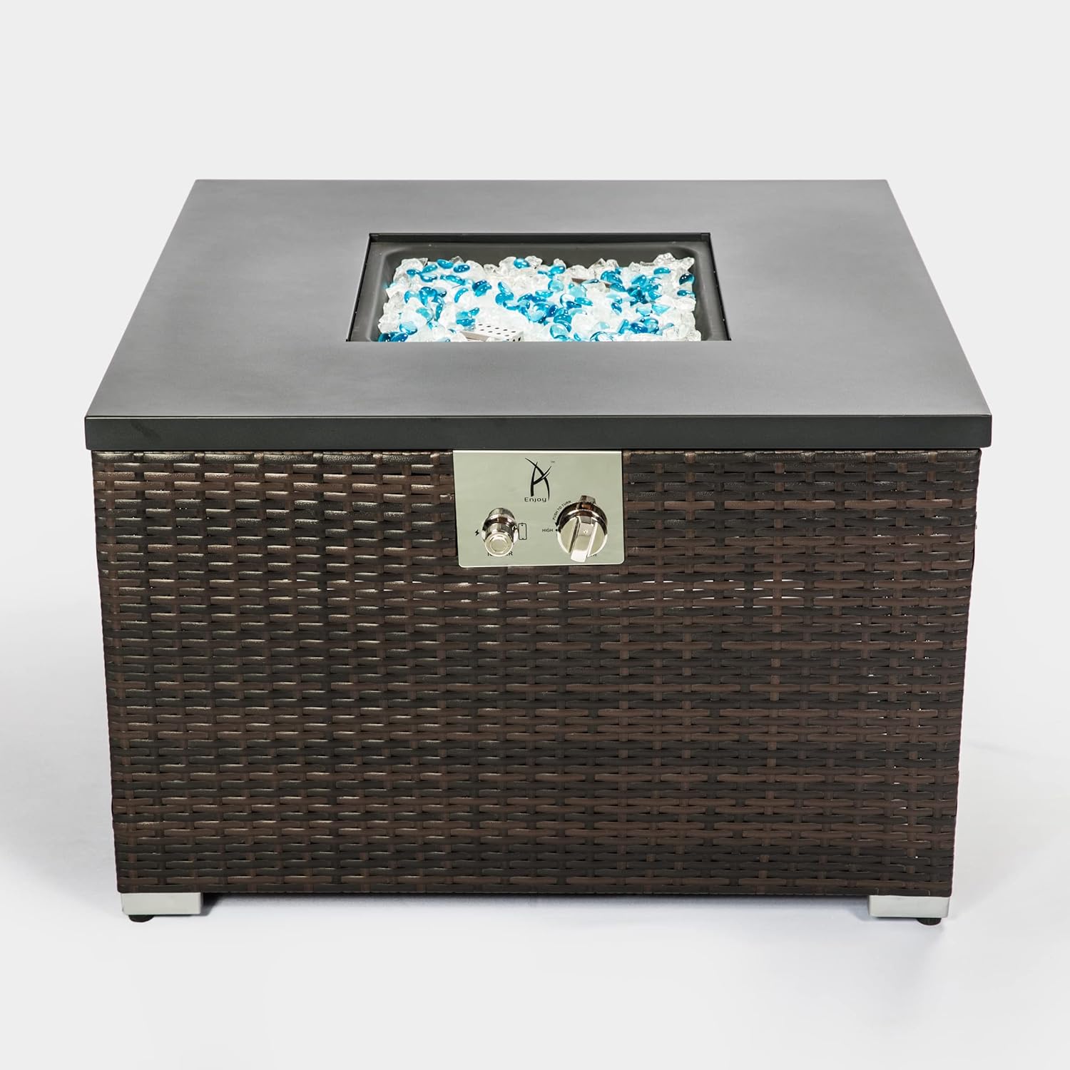 28in Gas Fire Pit Table, 40,000 BTU Outdoor Wicker Patio Propane Firepit w/Faux Wood Tabletop, Clear Glass Rocks, Cover, Hideaway Tank Holder, Lid 9（ Brown）