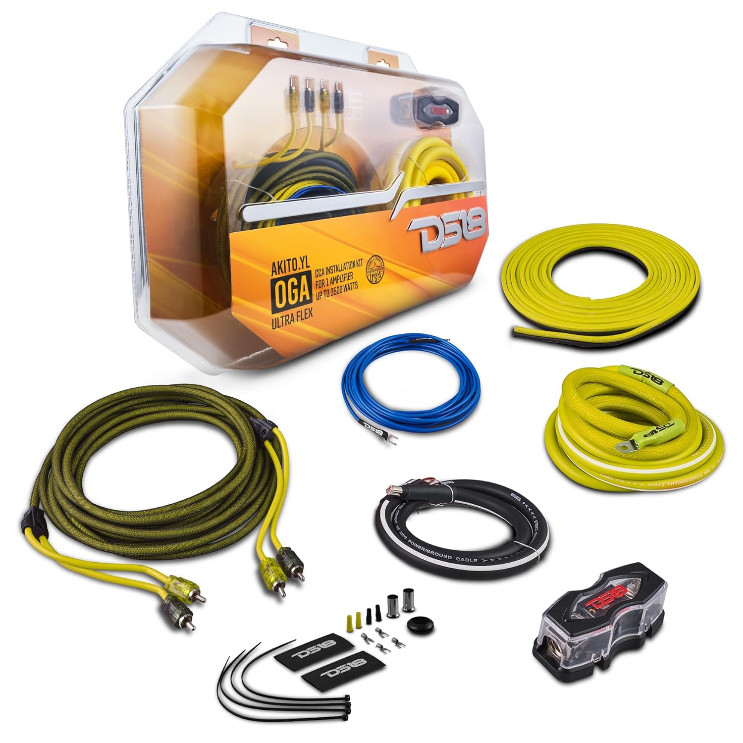 DS18 AKIT0.YL 0-GA Amplifier Installation Wiring Kit with Fuse Holder 250A, Up to 3500 Watts RMS, Ultra Flex Wire, Amp Wire Kit, Amp Wiring Kit 0 Gauge - Yellow