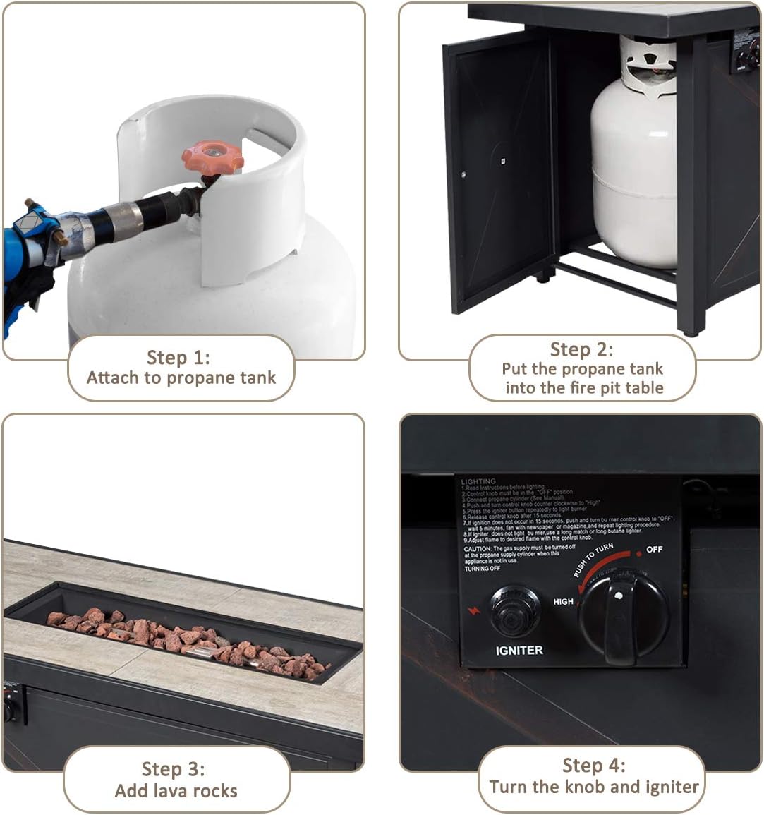 42-Inch Fire Table Outdoor, 60,000 BTU Propane Gas Fire Pit Table with Ceramic Tiles Tabletop, Lid, Lava Rock, Electric Igniter & Hideaway Tank Holder, Fire Pit for Outside, Garden(Black)