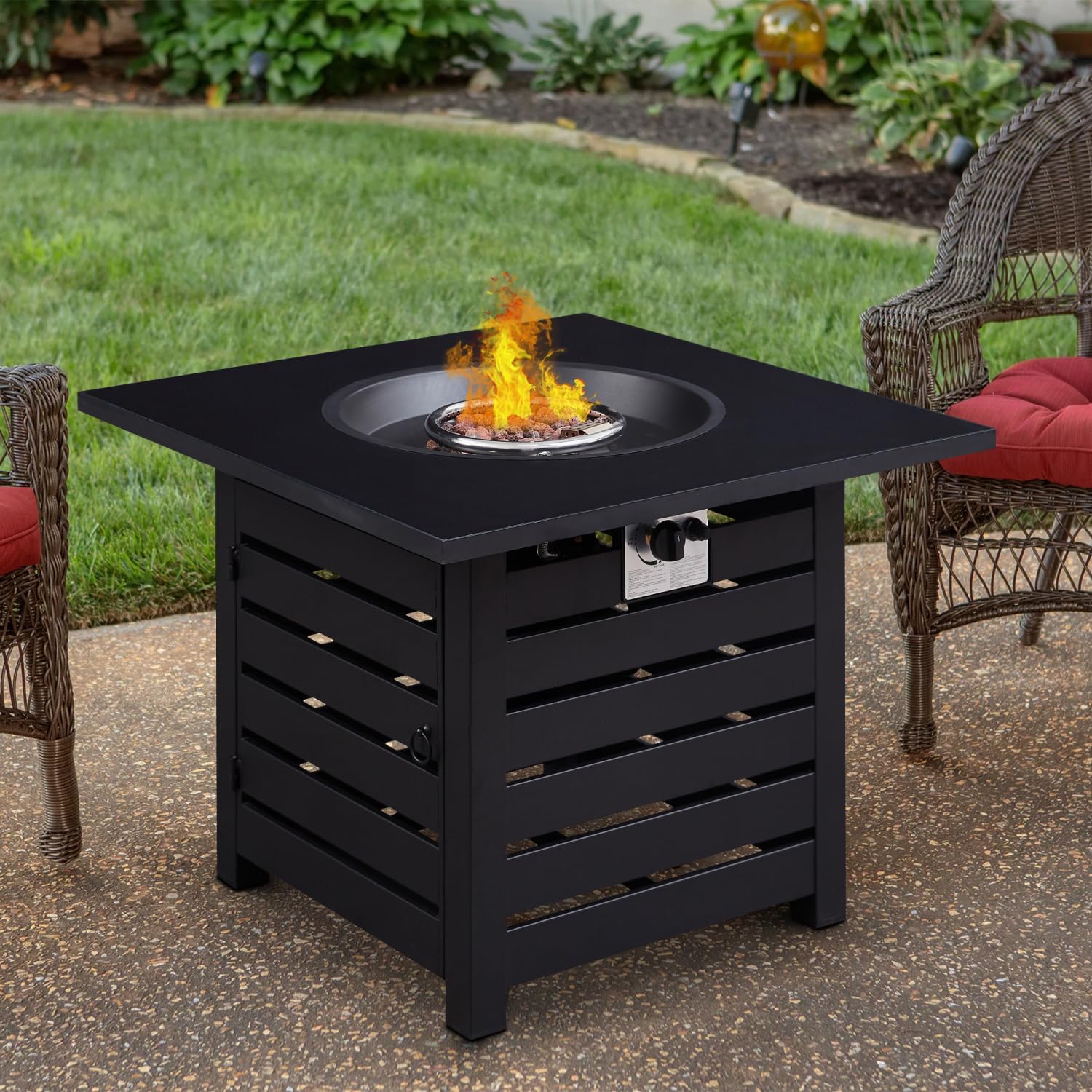 Fire Pit Table, 32-inch Square 50,000 BTU Auto-Ignition Propane Gas Firepit with Cover