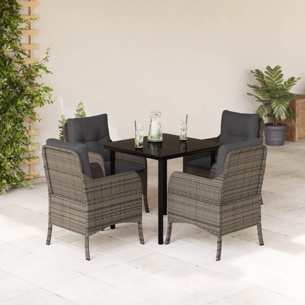 5-Piece Garden Dining Set, Grey Synthetic Poly Rattan Patio Furniture, Square Outdoor Table & Chairs for Balcony, Weather-Resistant, 4-Seater