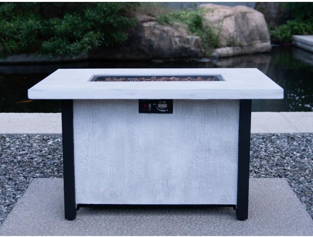 44 Inch Outdoor Propane Fire Pit Table with 50000 BTU Heat Output, Fiberglass and Iron Construction for Patio Garden Use