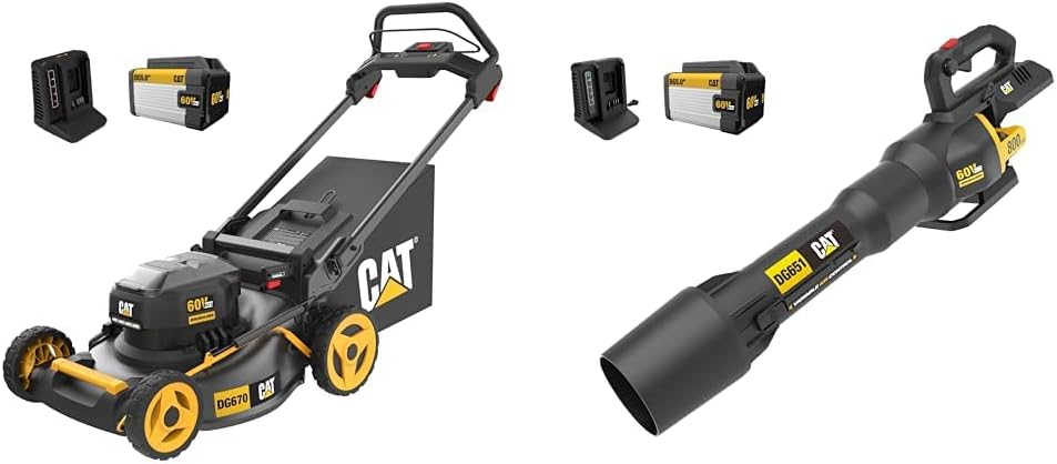 Cat 60V 21” Cordless Lawn Mower & 800 CFM 170 MPH Leaf Blower Bundle with Batteries & Chargers