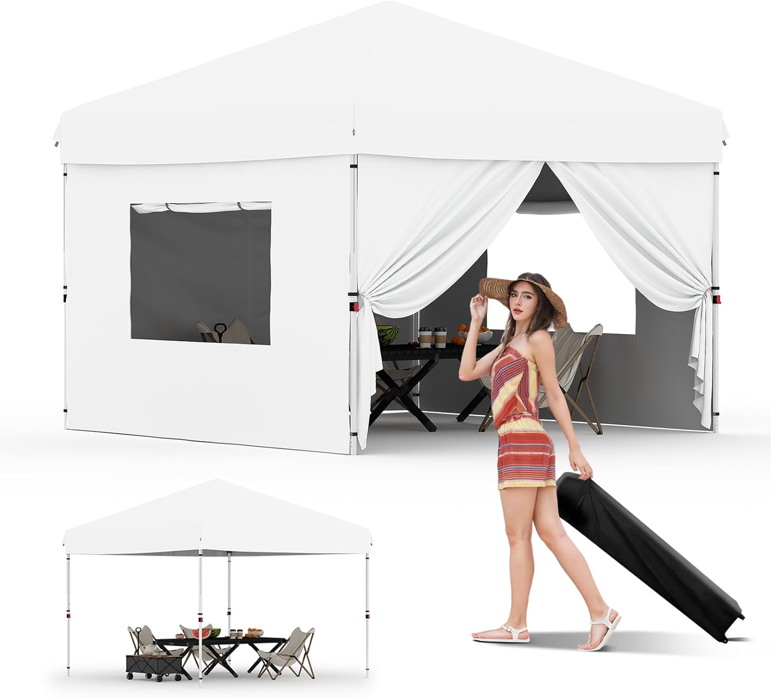 10x10FT Instant Pop Up Canopy Tent with 4 Side Walls, Complete Commercial Shelter System for Outdoor Events (White)