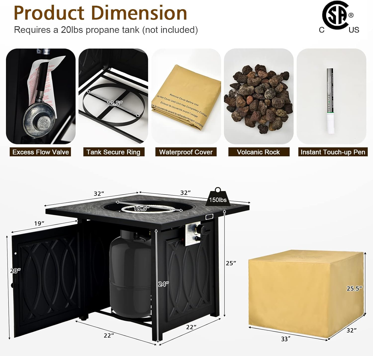 COSTWAY 50,000 BTU/14.65KW Fire Pit Table, 32
