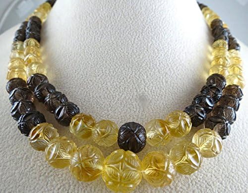2 Line Natural Citrine Smoky Quartz Carved Gemstone Beads Necklace 20 inches 13MM to 7MM