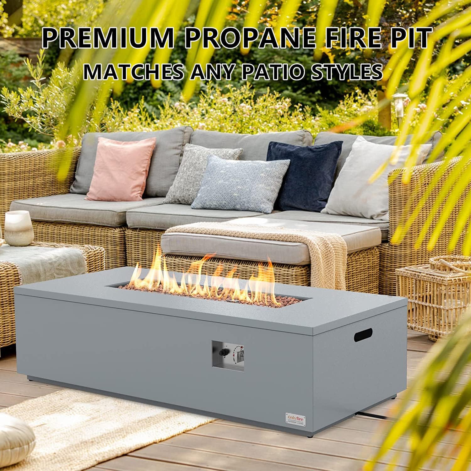 Onlyfire Premium 60” Outdoor Fire Pit Table with Lava Rocks& 12FT Hose, Large Propane Gas Firepit, Smokeless Fireplace 60,000BTU, Flame Adjustable for Backyard Patio Bonfire Party, Iron Patio Heater