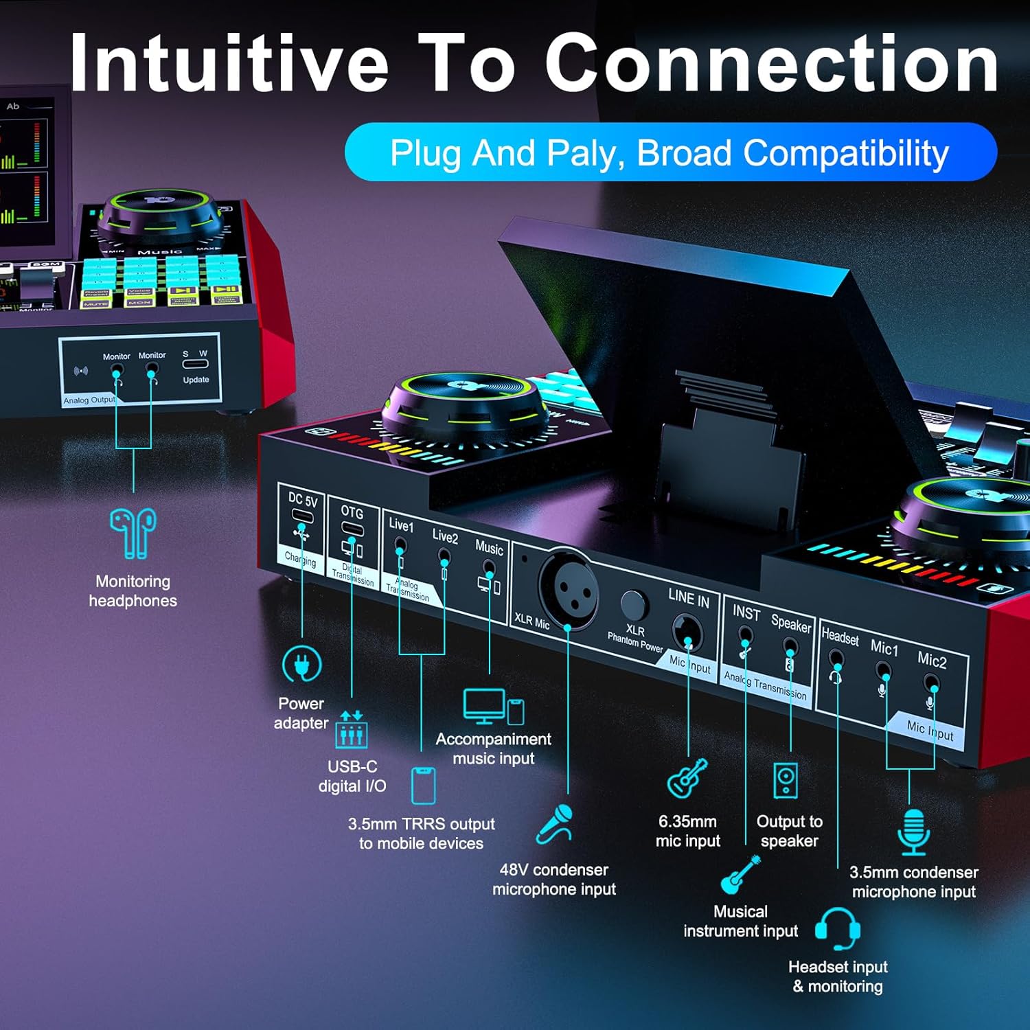 Podcast Microphone Bundle with Live Sound Card Audio Mixer, Podcast Equipment Bundle with 3.5mm BM800 Microphone for Pc/Youtube Live Streaming Singing Gaming, Sound Board with Voice Changer, Denoise