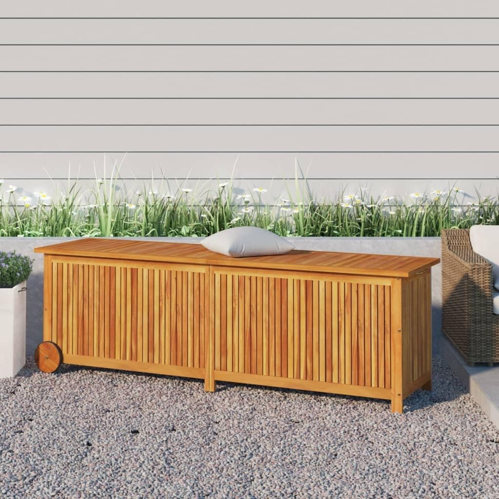 Solid Wood Storage Deck Box, Patio Storage Container with 2 Wheels, Outdoor Garden Storage Box, Outdoor Wood Storage Container for Backyard, Front Porch Outdoor Box, 59.1