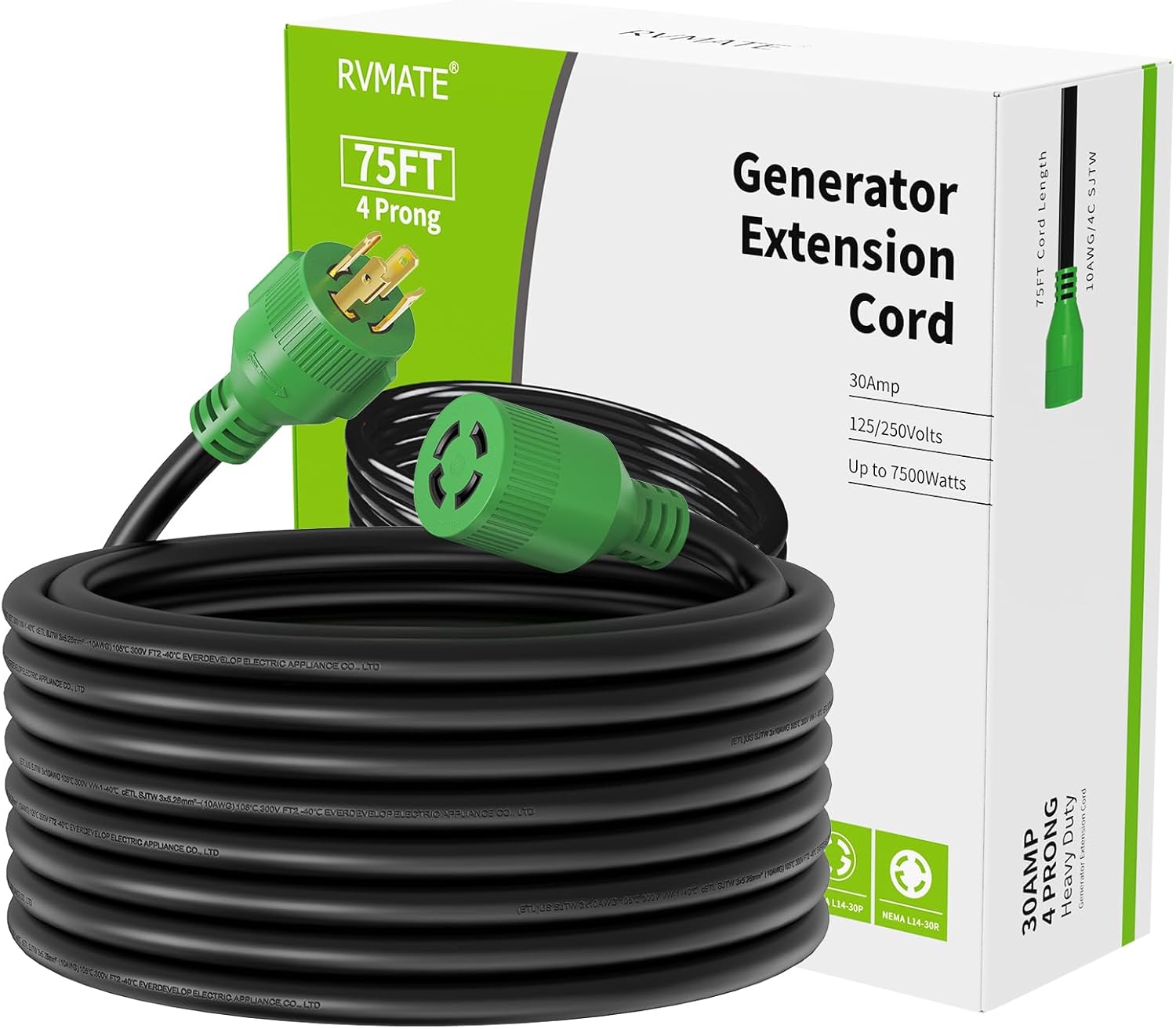 RVMATE 30 Amp Generator Cord 4 Prong 75 Feet, NEMA L14-30P/L14-30R, 125/250V Up to 7500W 10 Gauge SJTW Generator Extension Cord, ETL Listed