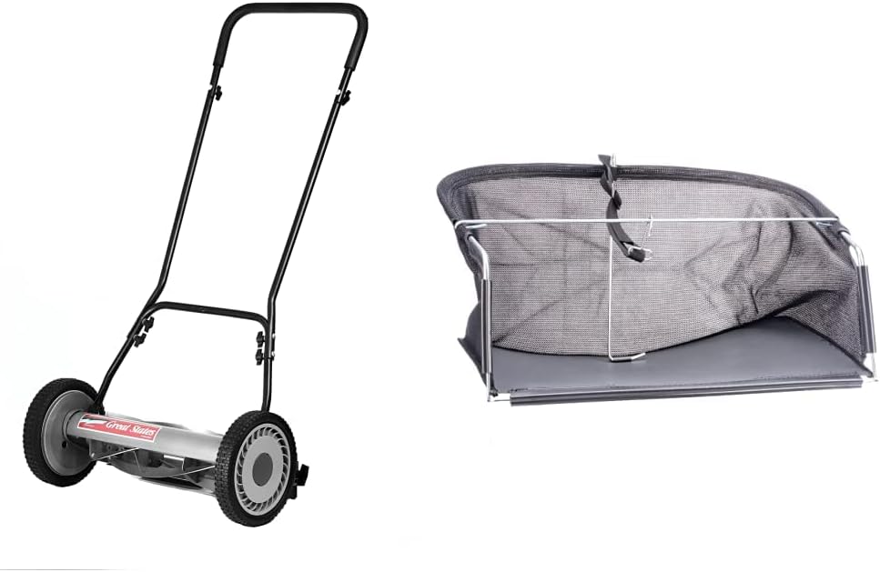 Great States 815-18 18-Inch 5-Blade Push Reel Lawn Mower, 18-Inch, 5-Blade, Grey & American Lawn Mower Company GC91820 18-Inch/20-Inch Reel Lawn Mower Grass Catcher, Black