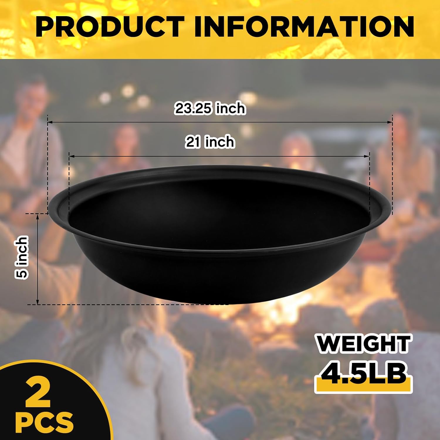 Maxdot 2 Pcs 23 Inch Outdoor Fire Pit Bowl Replacement Insert, Carbon Steel Wood Burning Fire Bowl Fits Existing Stand or Custom Firepit for Outside Backyard, Porch, Deck, Camping, BBQ Gatherings