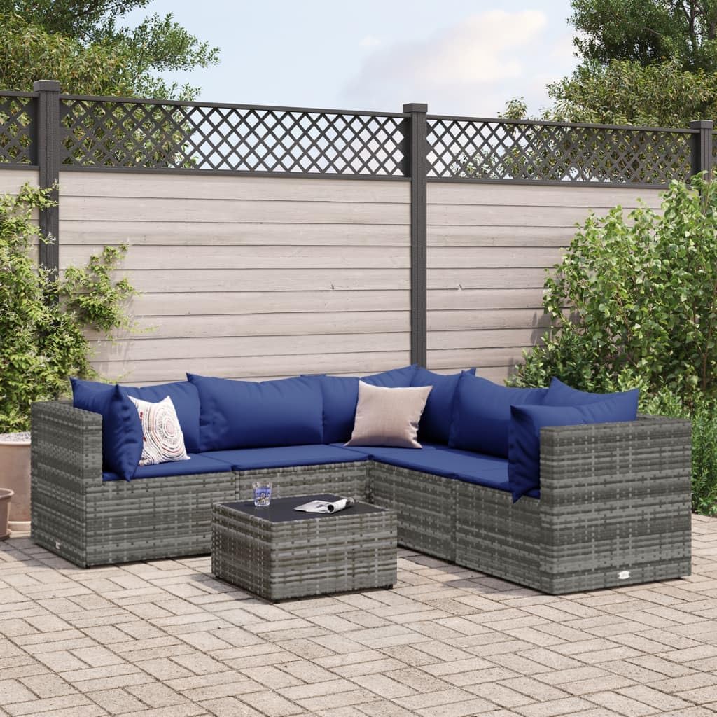 Furniture Sets 6 Piece Patio Lounge Set with Cushions Gray Poly Rattan,Outdoor Lounge Set with PE Rattan and Tempered Glass for Patio and Backyard Garden Conversation Sets