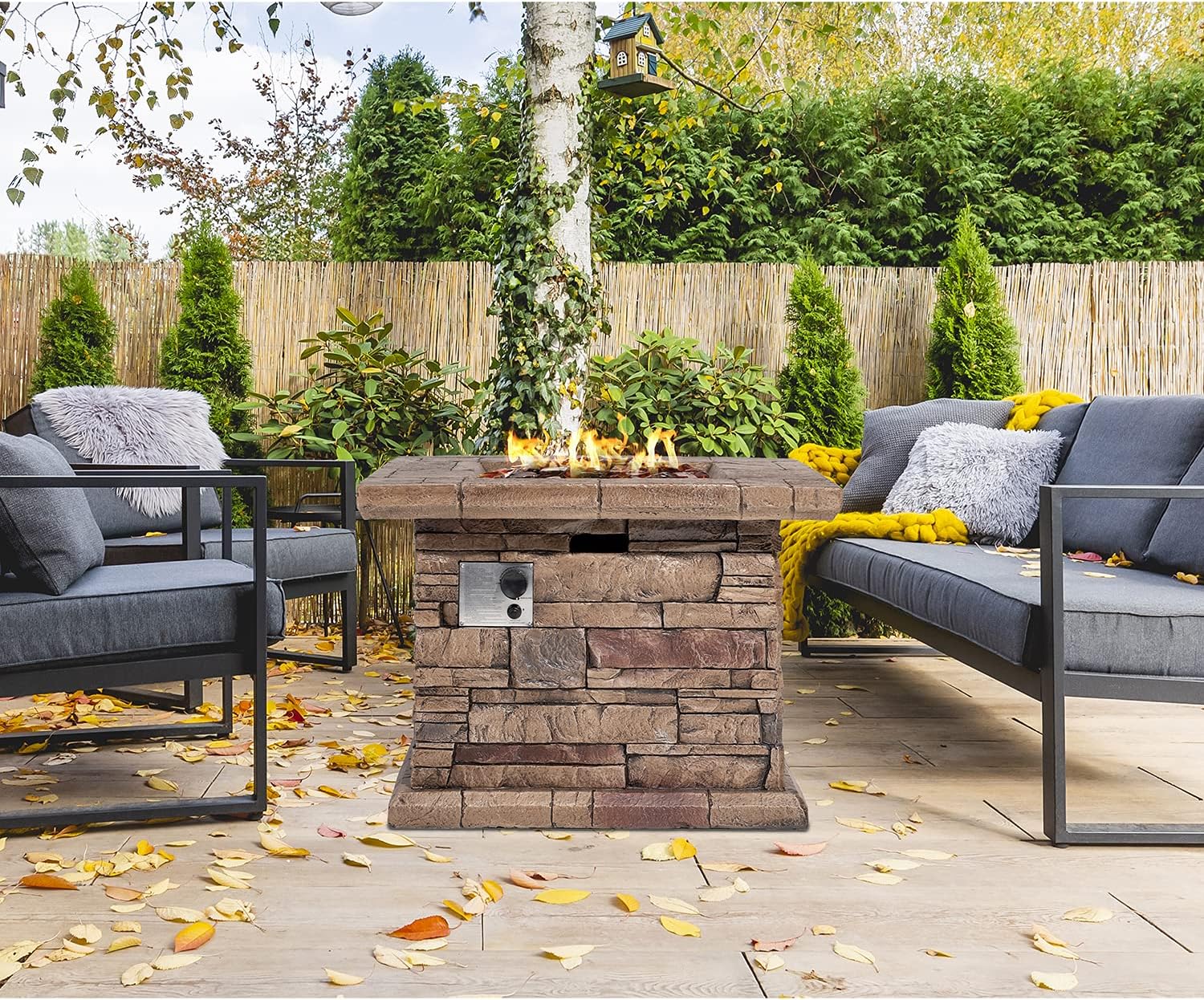 HOMPUS Propane Fire Pit, 32-inch Square Concrete Fire Table with Amber Yellow Fire Glass and Rain Cover for Outdoor Leisure Party, 50,000 BTU Gas Fire Pit for Patio, Deck or Backyard, CSA Certified