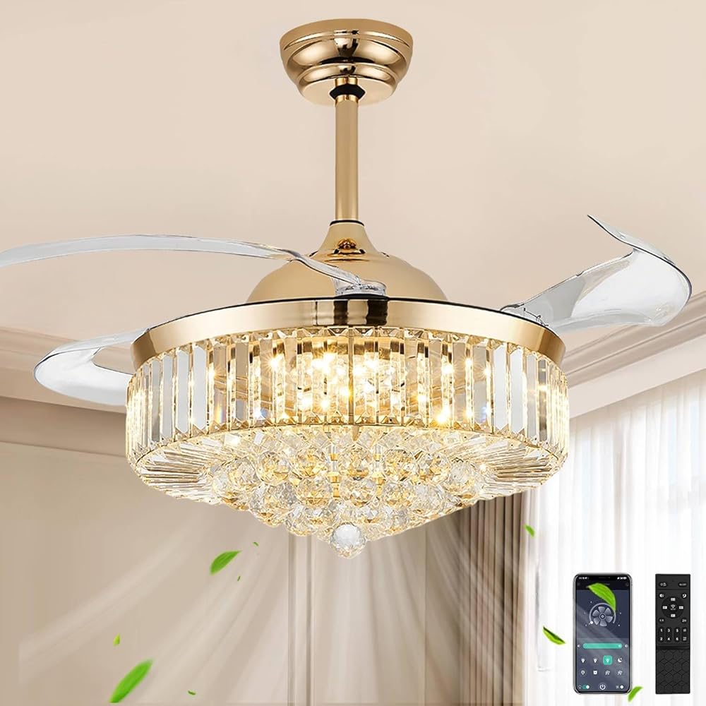 42 Inch Fandelier Ceiling Fan with Light, Chandelier Ceiling Fan for Bedroom Living Room, Dimmable, 6 Wind Speed. Reversible Motor, Memory Function-Gold