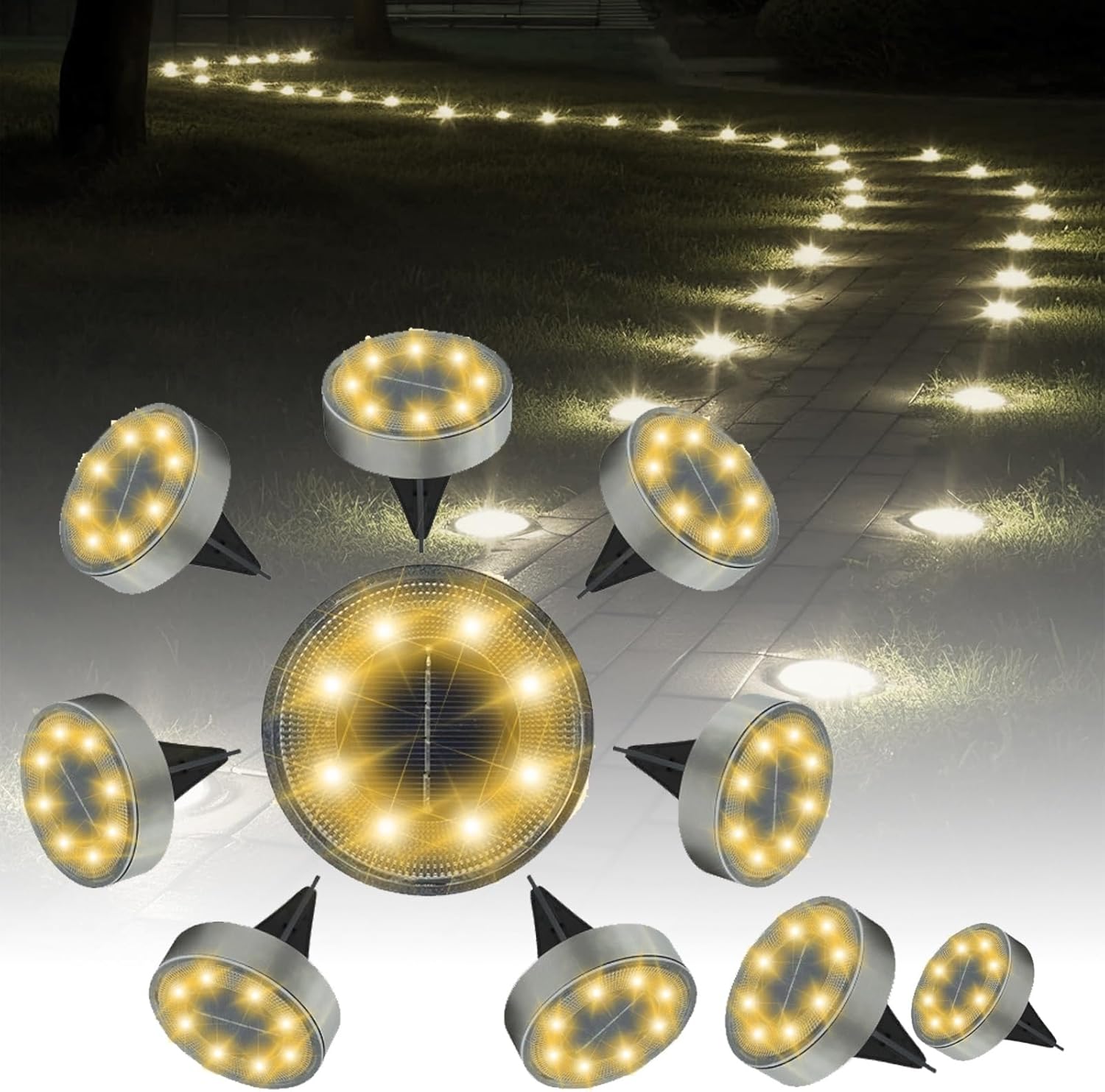 Solar Ground Lights Outdoor, 10 Pack 8 LED Solar Lights Outdoor IP68 Waterproof Solar Disc Lights In-Ground Landscape Lighting Outdoor Lights, Pathway Lights Solar Powered(Orange)