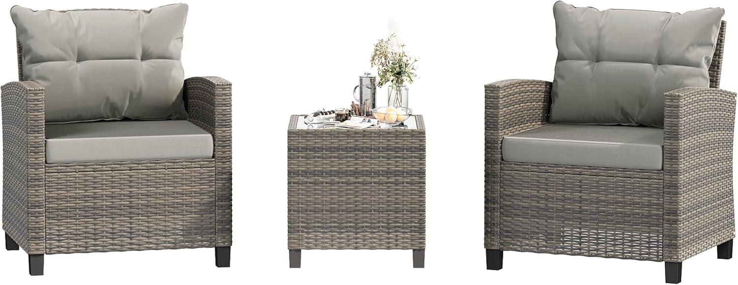 Shintenchi 3 Pieces Patio Furniture Set 3 Pieces PE Rattan Wicker Chairs with Table Outdoor Furniture for Backyard/Garden/Poolside/Outdoor Restaurant Gary Rattan with Gary Cushion
