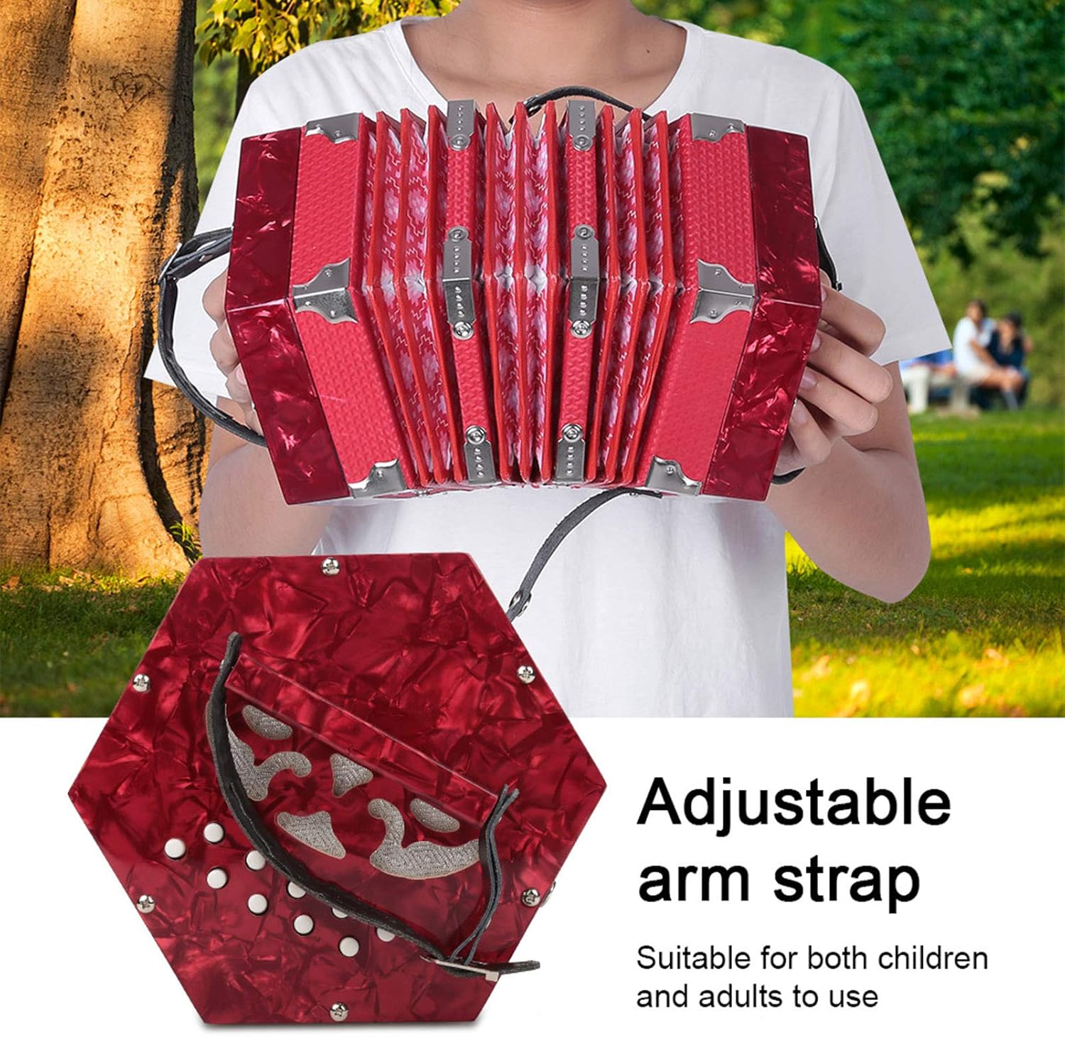 Accordion Concertina 20 Buttons, for Adults ABS Material Buttons Accordion Musical Accessories with Adjustable Straps and Bag 20.5 X 23.5 Cm (red)