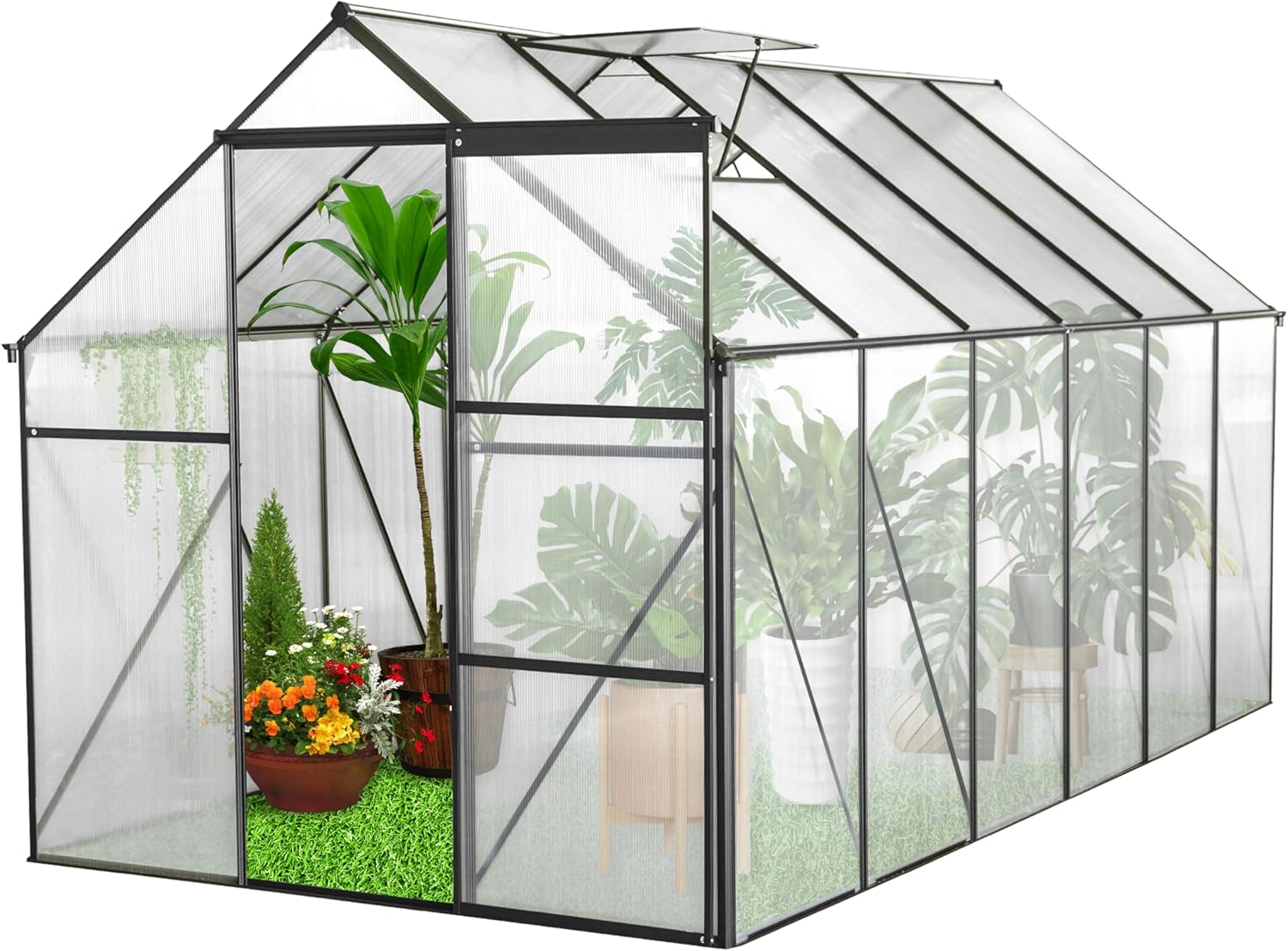 6x12 FT Polycarbonate Greenhouse, Heavy Duty Walk-in Aluminum Greenhouses with Adjustable Roof Vent for Outside, Large Lockable Green House with Sliding Door for Garden, Backyard, Lawn, Patio, Black
