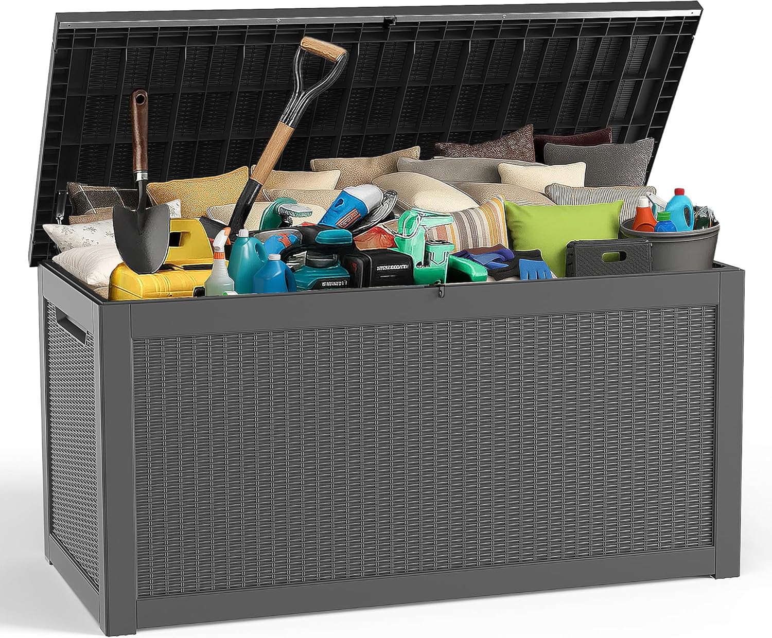 320 Gallon Large Deck Box,Resin Outdoor Storage Box with Lockable for Patio Furniture, Pool Accessories, Garden Tools Waterproof Outside Storage Box, Black