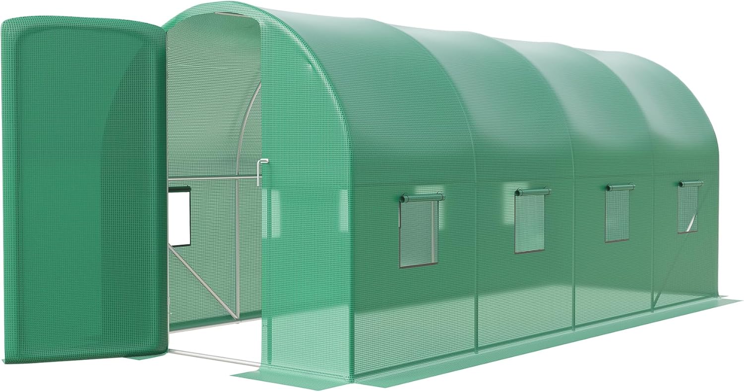 15X7x7 Ft Large Walk-in Outdoor Greenhouse with Swing Door & 8 Mesh Windows, Plant Houses with Reinforced Galvanized Steel Frame & Durable PE Cover, Garden Greenhouse for Backyard Planting, Green