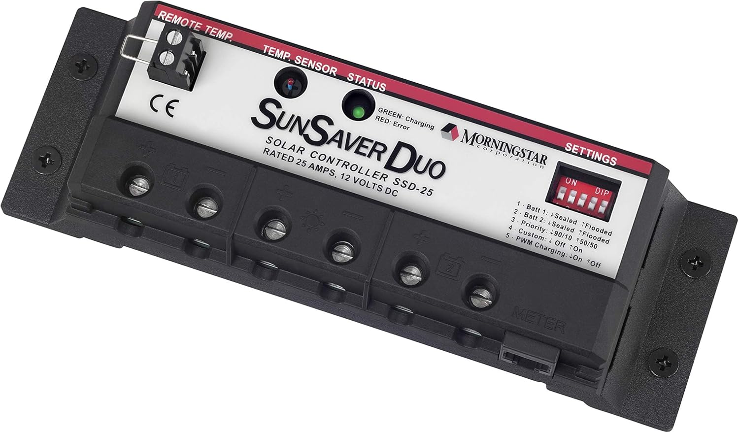 Morningstar SunSaver Duo 25A PWM Solar Charge Controller (SSD-25) - Solar Panel Regulator for Two 12V Batteries, Adjustable Charge Settings, Great for RVs/Boats, 5 Year WTY - Designed in The USA