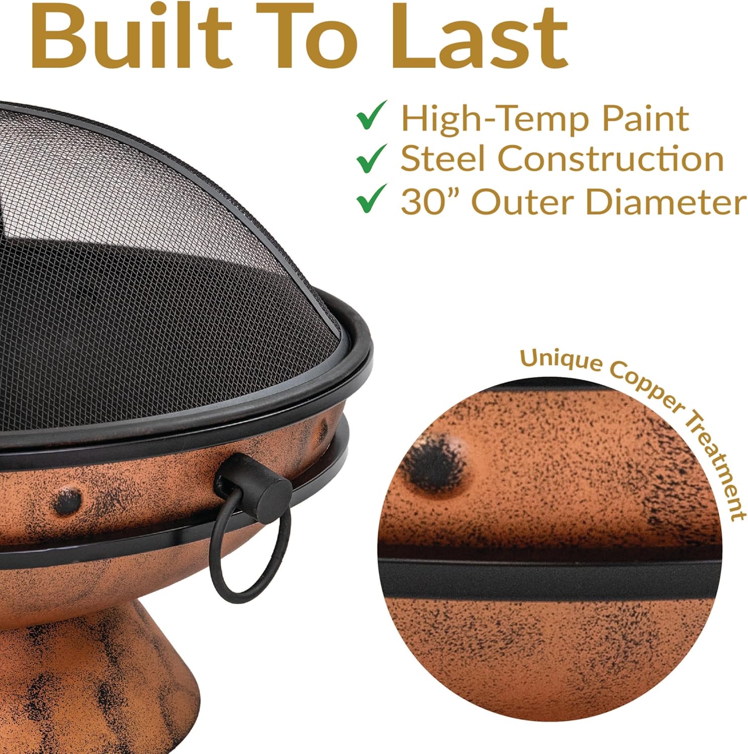 Sunnydaze 30-Inch Large Outdoor Fire Pit - Wood Burning Fire Pit for Outside with Poker and Screen - Copper Finish - Royal Cauldron
