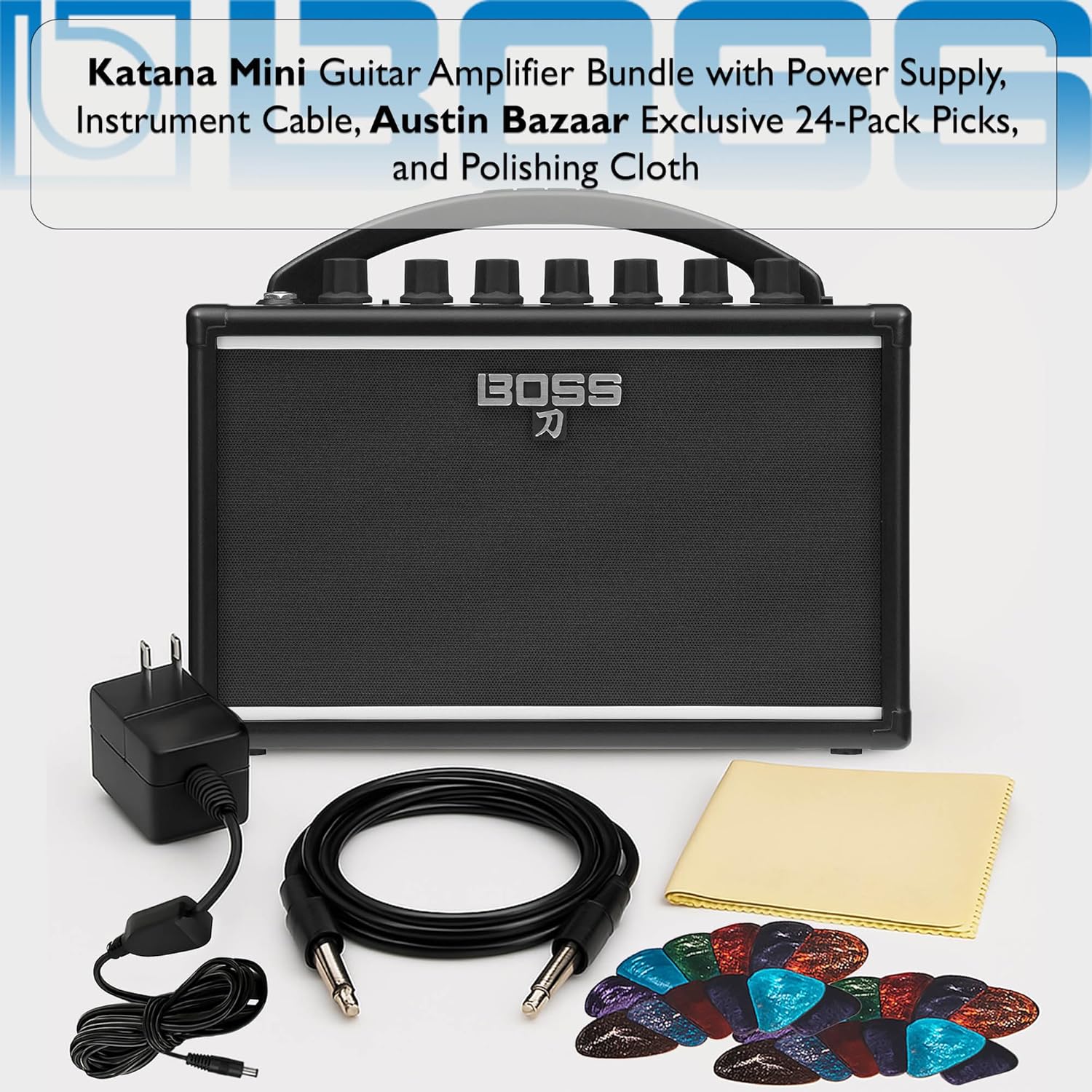Boss Katana Mini Guitar Amplifier Bundle with Gearlux Power Supply, Instrument Cable, Austin Bazaar Exclusive 24-Pack Picks, and Polishing Cloth