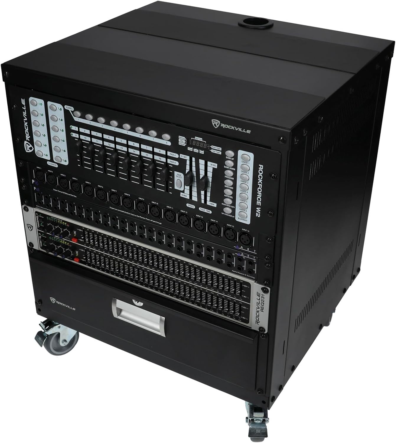 Rockville RR10U 10U Live Sound/Recording Studio Rack Case with Wheels, Reversible Rack Rails, Front & Rear Mounting, Cable Management Ports, 440lb Capacity